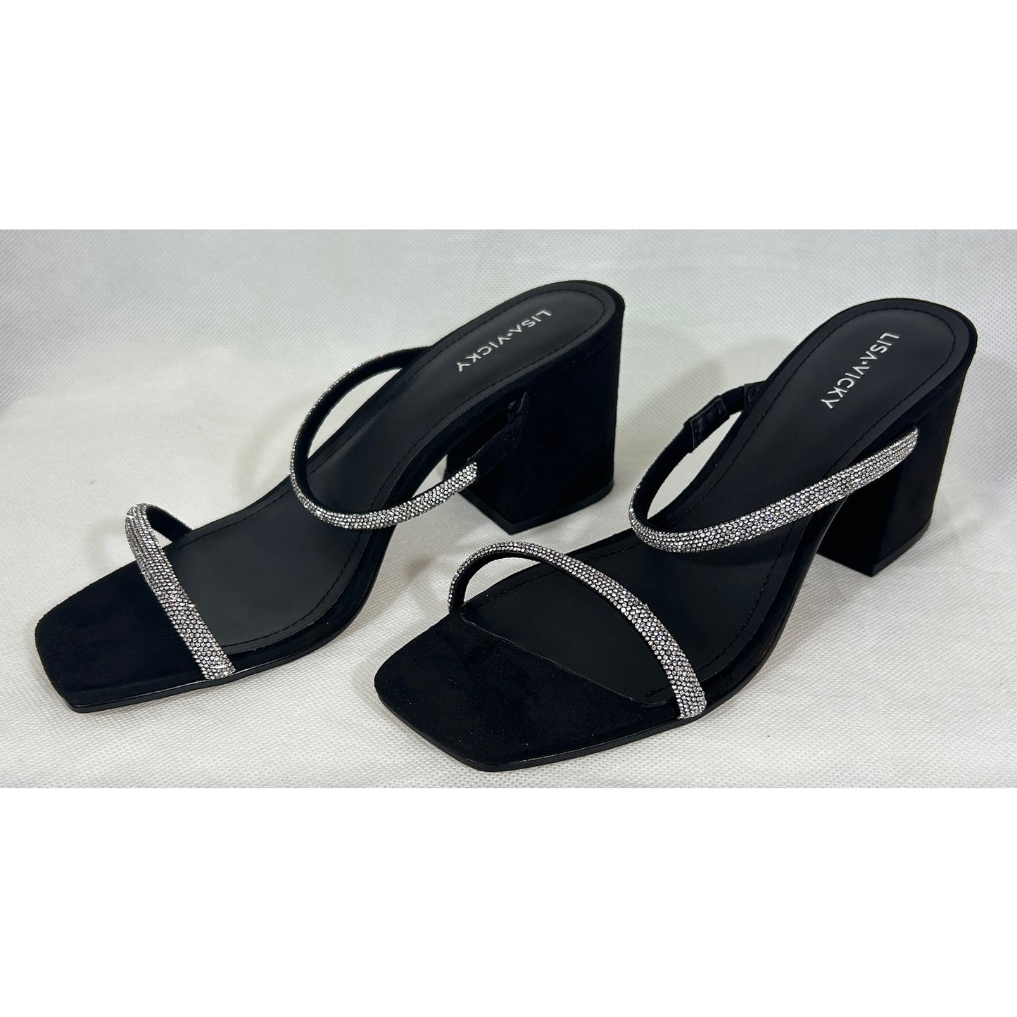 Lisa • Vicky Black Sparkly Strappy Block Heel Sandals 9.5M | NIB
