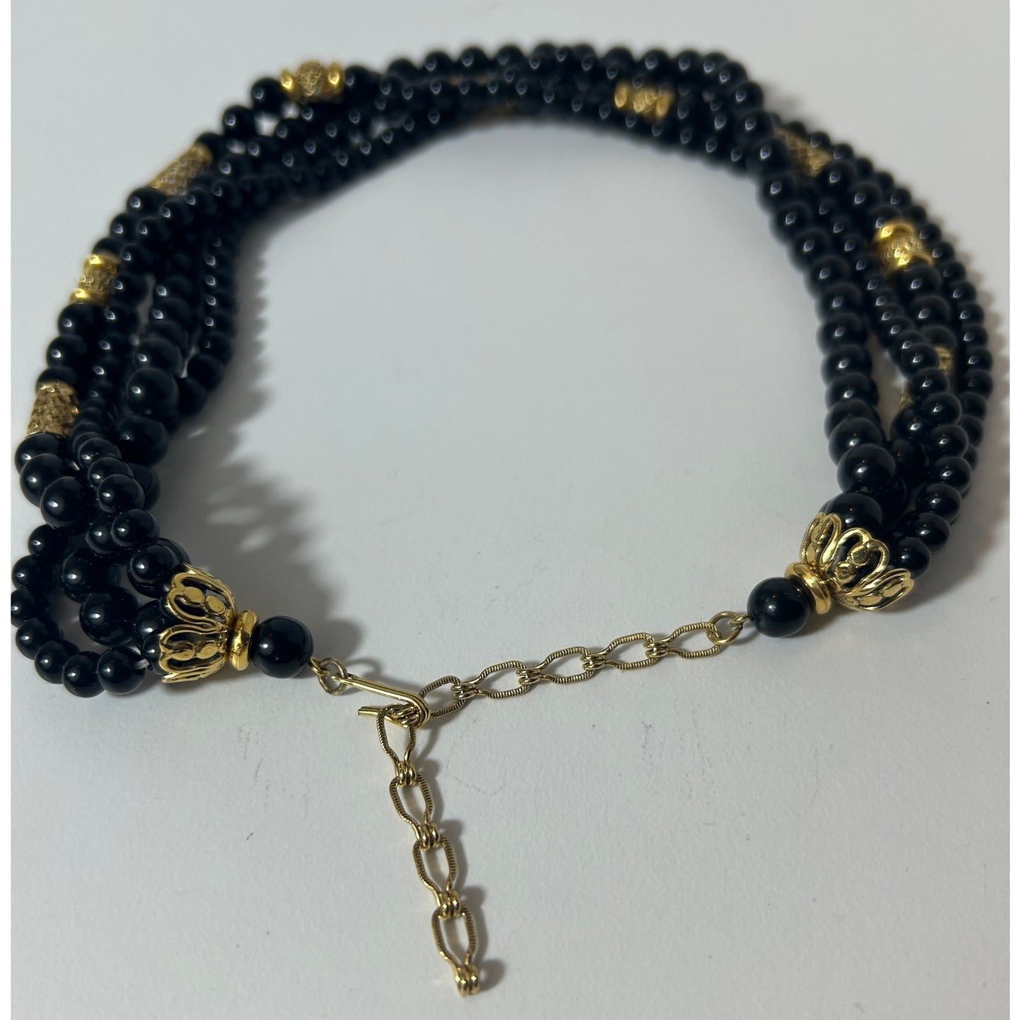 Vintage Multi-Strand Black Beaded Necklace with Gold Filigree Accents 19"