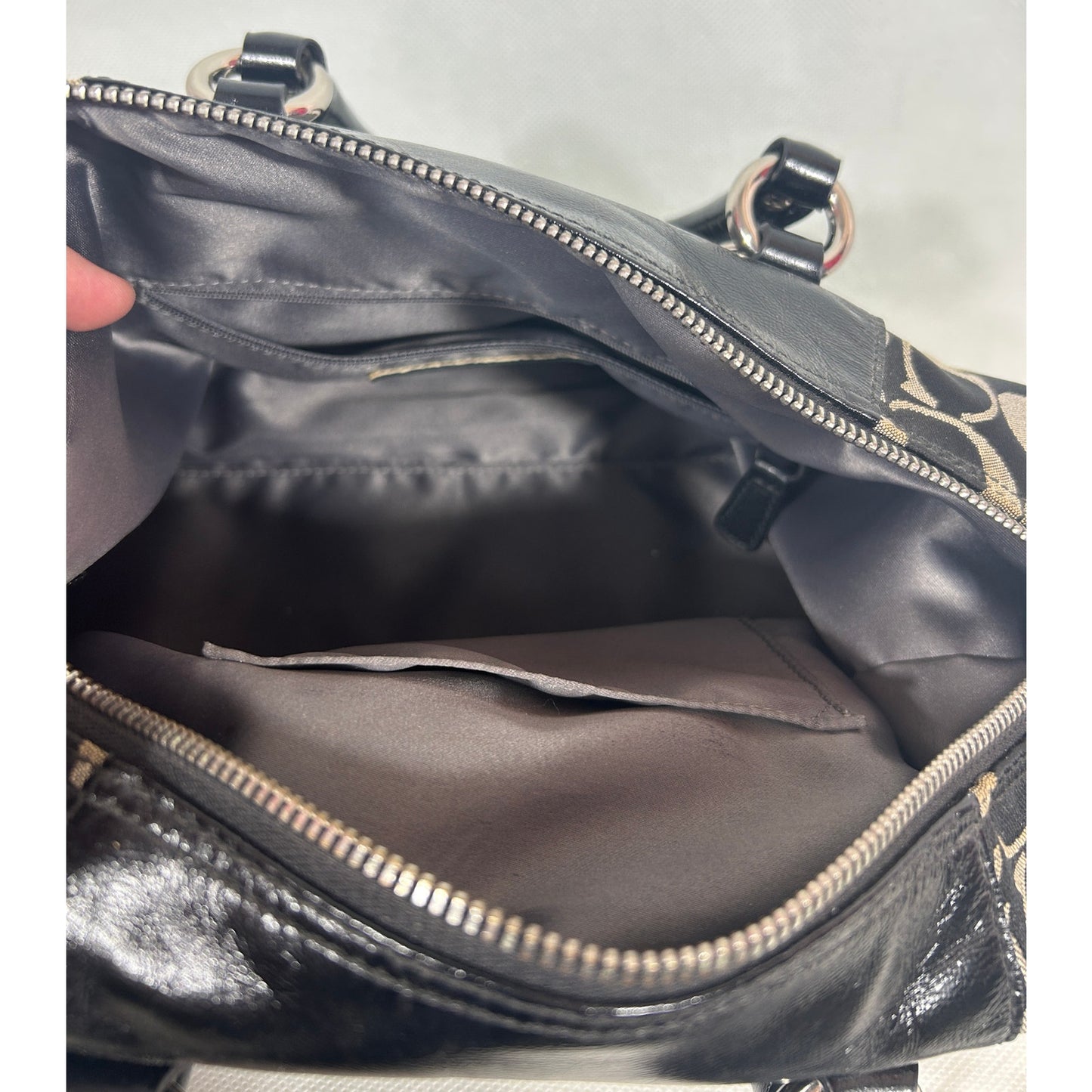 Coach Signature Canvas & Leather Satchel Bag Black Silver Hardware 15″ x 8″