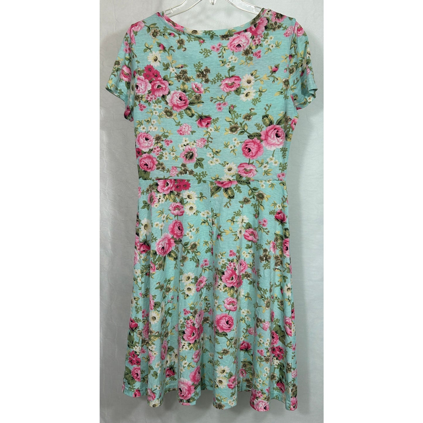 HUHOT Aqua Floral Skater Dress M Fit & Flare Short Sleeve Stretchy Casual