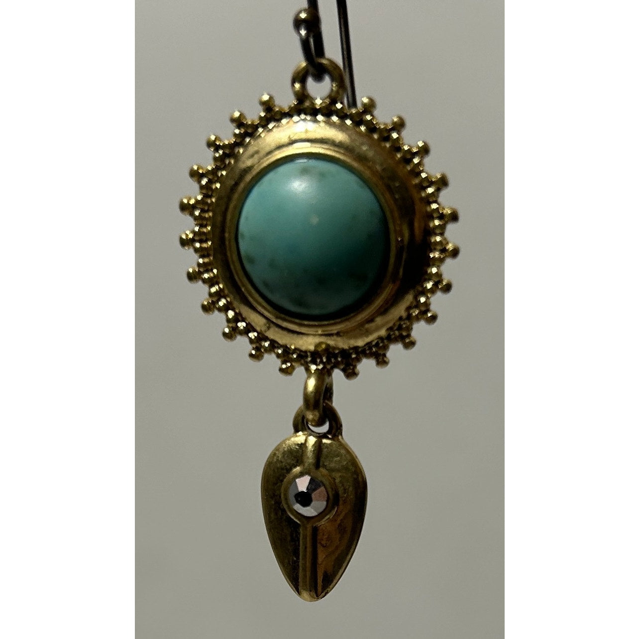 Boho Gold Tone Dangle Earrings with Faux Turquoise and Rhinestone Accent 1.5"