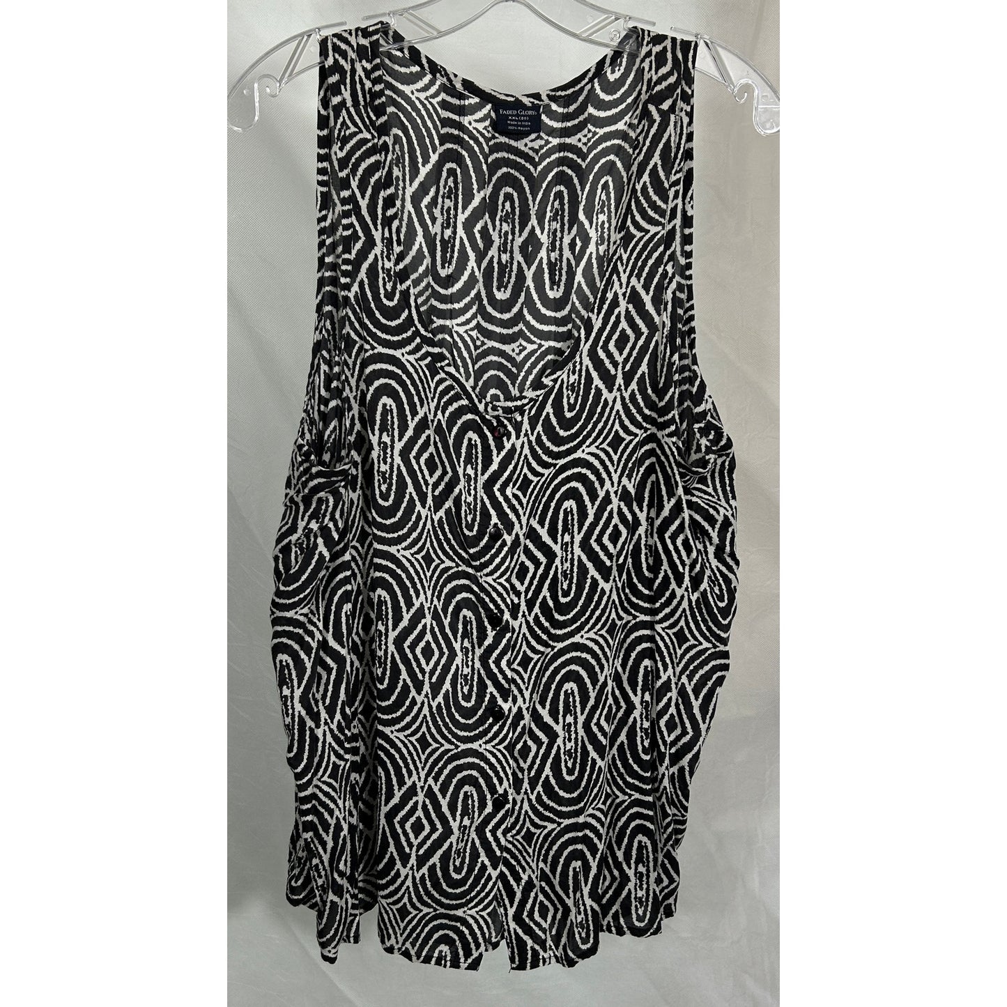 Black White Geometric Sleeveless Button Tank Top Rayon - XXL