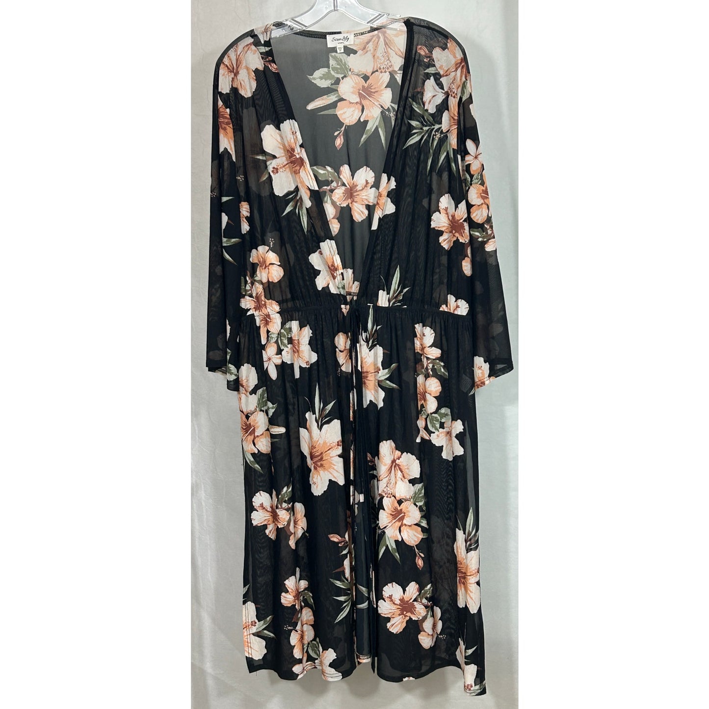 Siren Lily Sheer Floral Kimono Dress Cover-Up Black Pink Hibiscus 3X