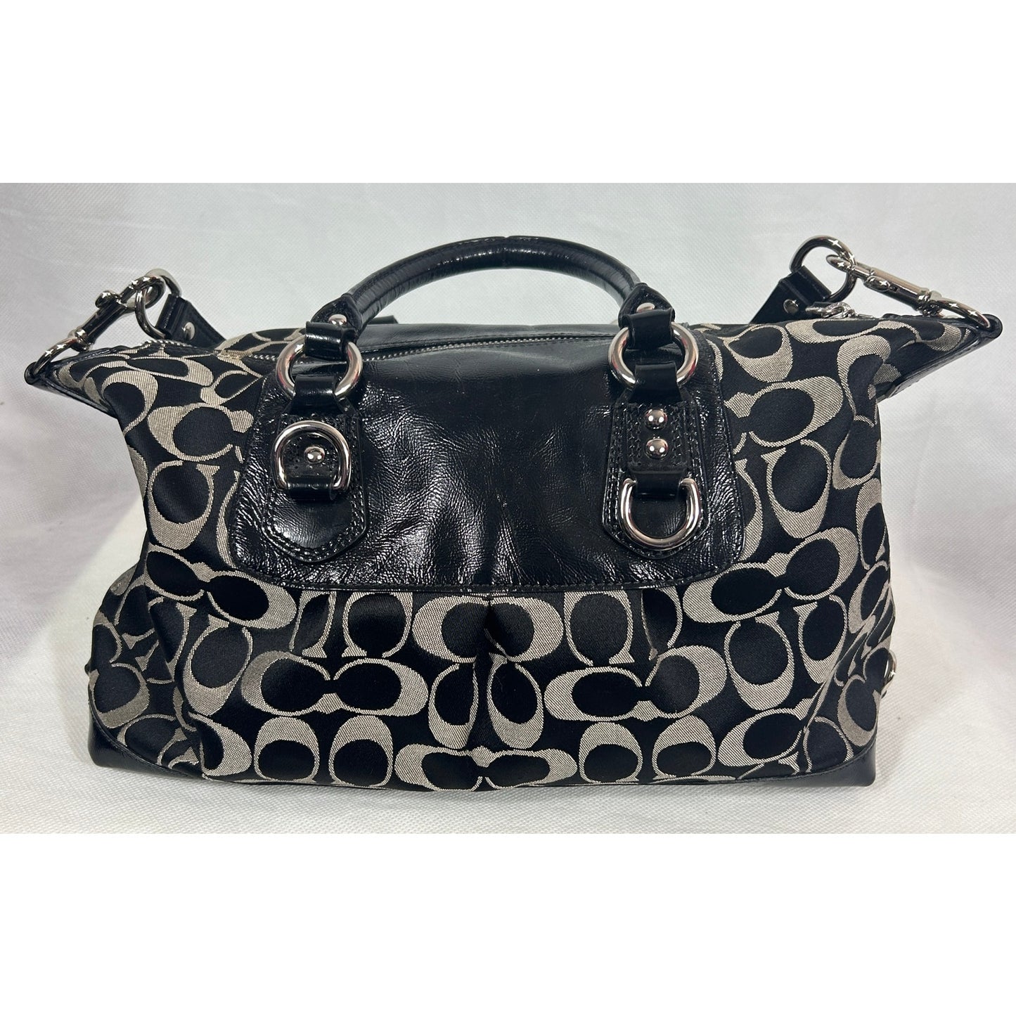 Coach Signature Canvas & Leather Satchel Bag Black Silver Hardware 15″ x 8″