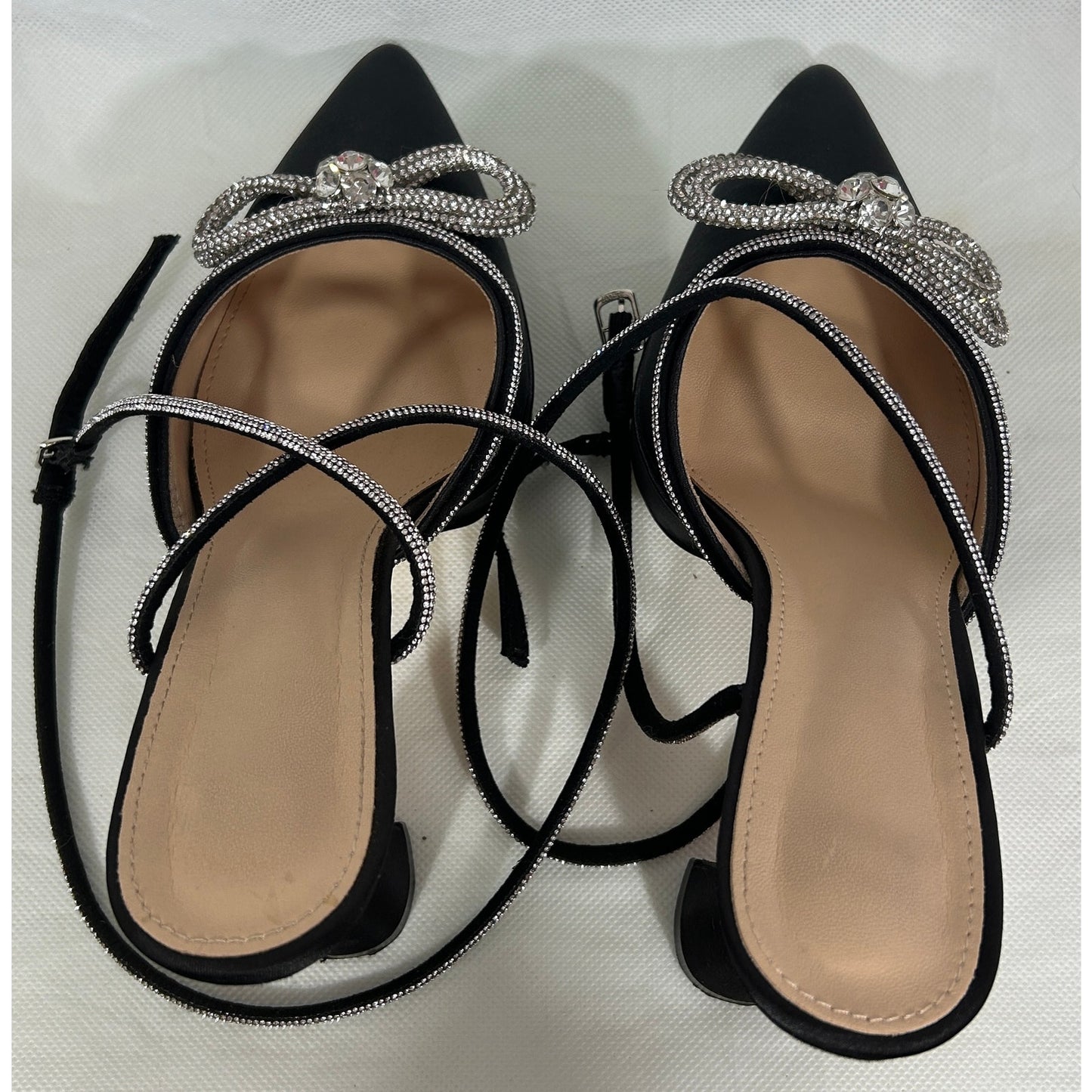 Black Satin Rhinestone Bow Ankle Strap Heels – Size 8.5