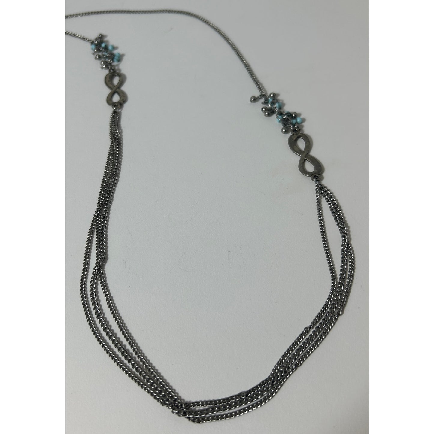 Silver Infinity Chain Necklace with Blue Beads & Multi-Strand Accent, 45"
