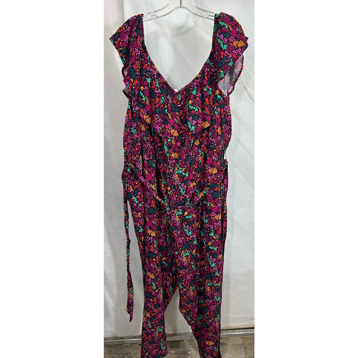 Ava & Viv 3X Black Multicolor Floral Ruffle Jumpsuit with Tie Waist