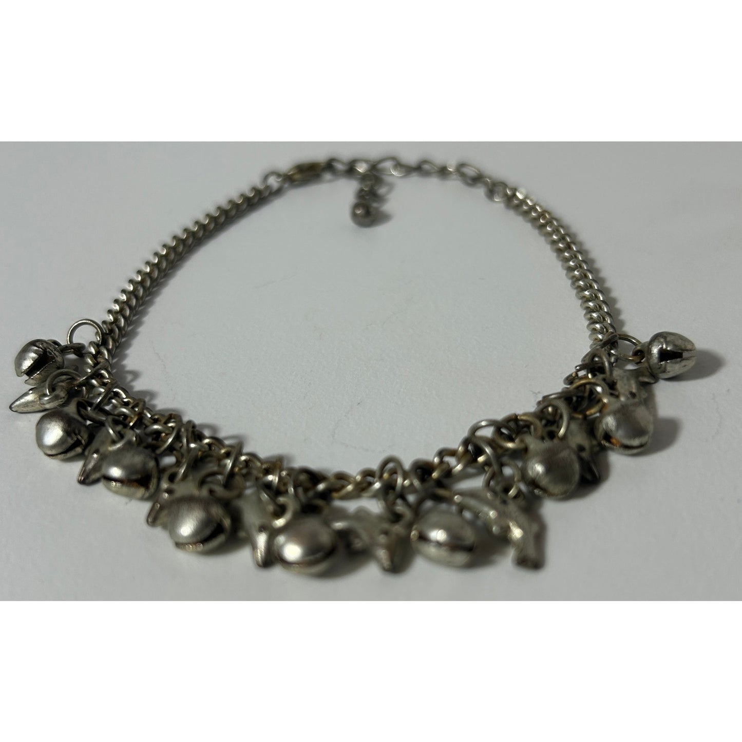 Vintage Charm Bracelet with Bells & Dolphins – Silver Tone 9.5”