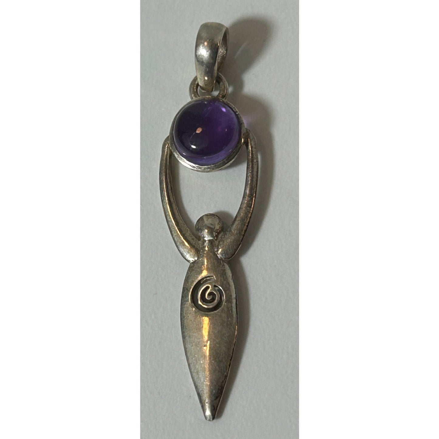 Vintage Sterling Silver Goddess Pendant with Amethyst Cabochon 2.5"
