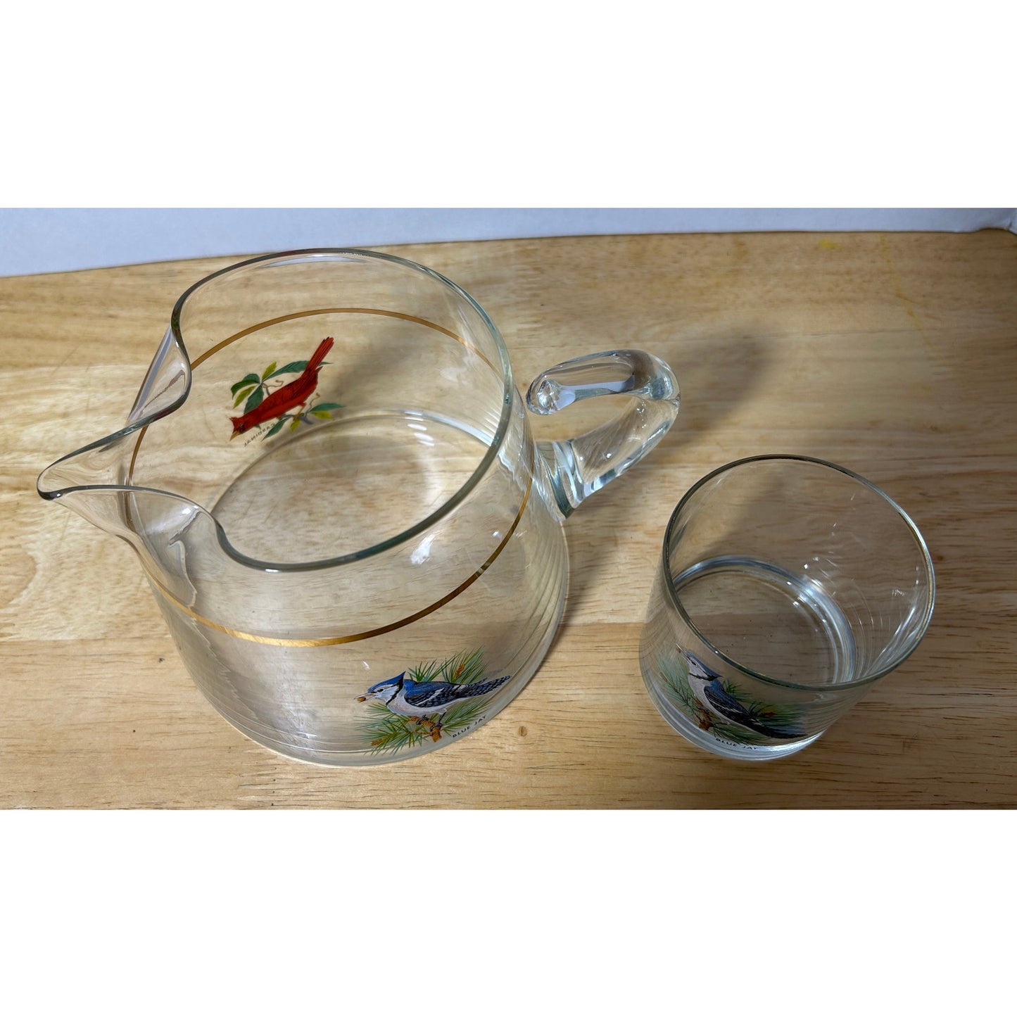 West Virginia Glass Co Songbird Pitcher & Glass – Cardinal & Blue Jay