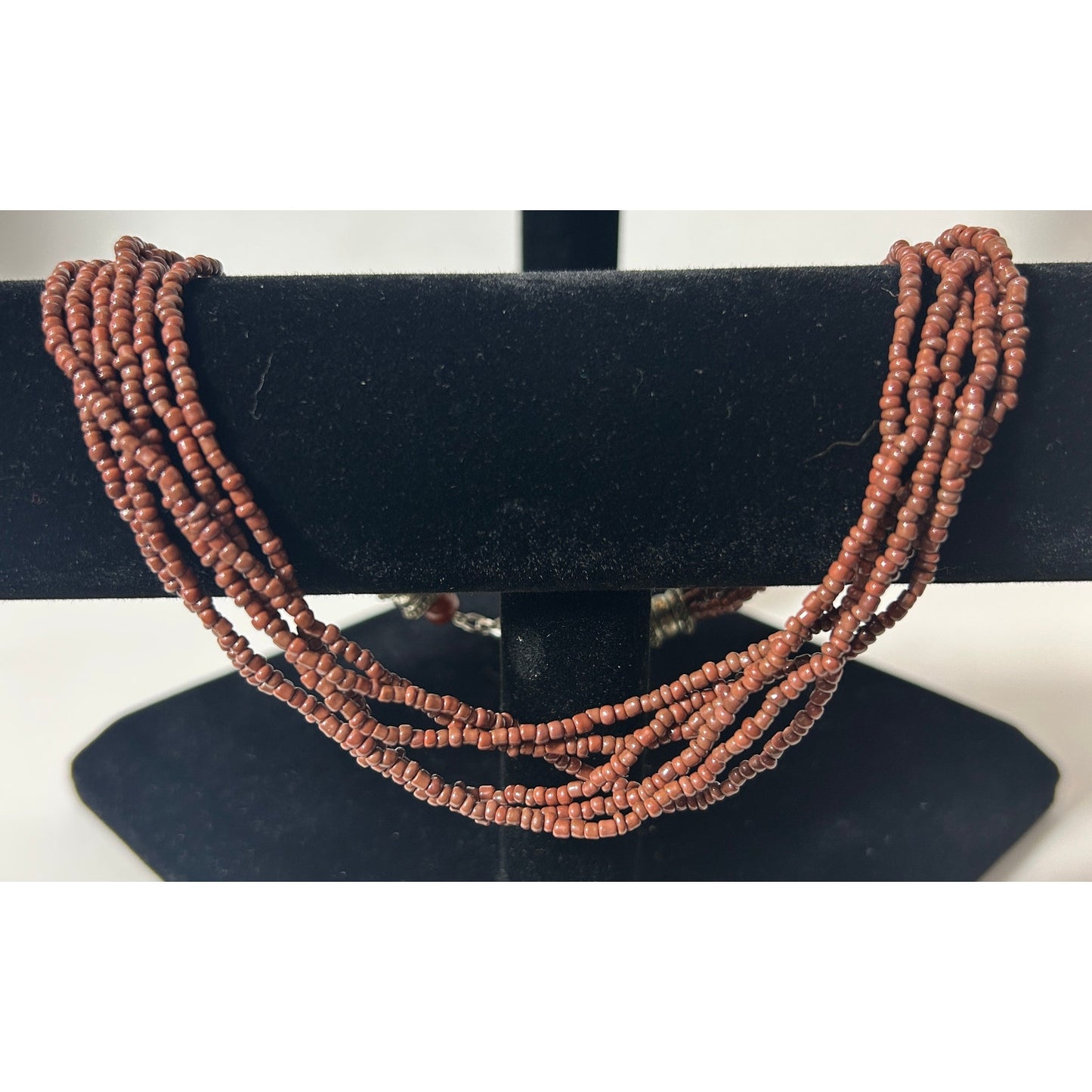 Vintage 7-Strand Brown Seed Bead Necklace with Silver Accents, 19" Length