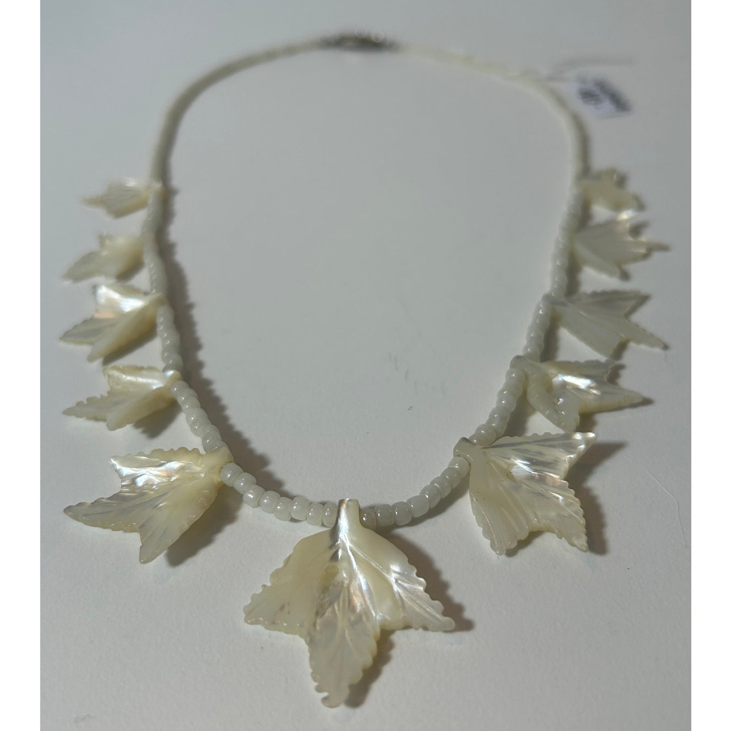 Vintage Mother of Pearl Leaf Necklace 20" with Ornate Clasp