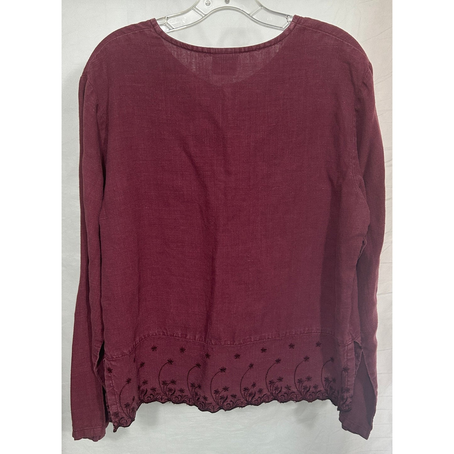 TSD 100% Hemp Button Front Blouse Burgundy Embroidered Hem Women’s M USA Made