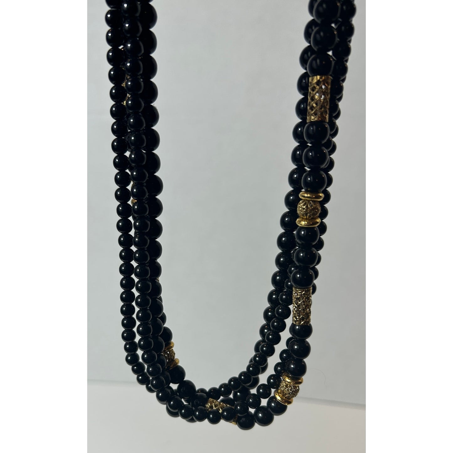 Vintage Multi-Strand Black Beaded Necklace with Gold Filigree Accents 19"