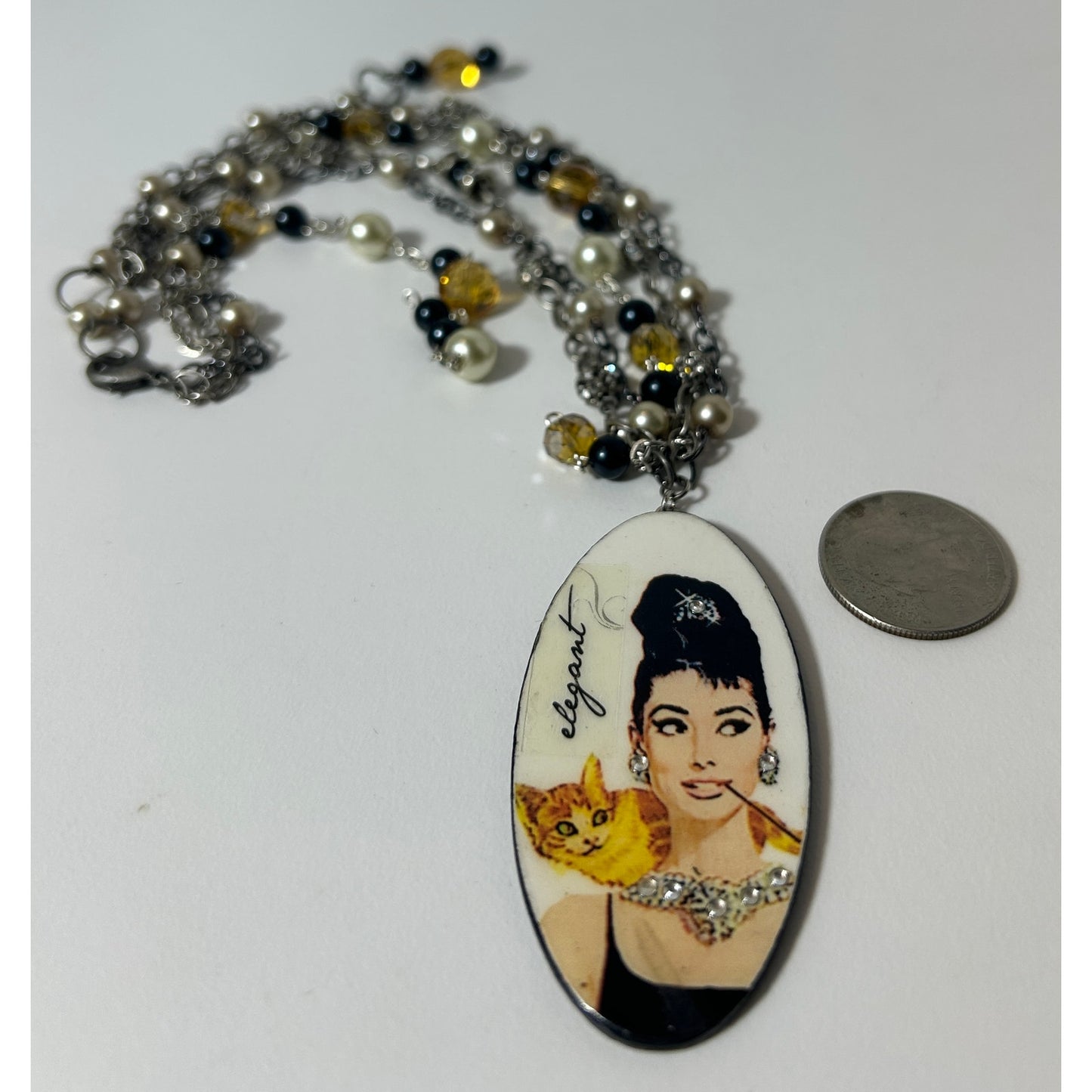 Audrey Hepburn Style "Elegant" Pendant Necklace with Beads & Chain - 19"