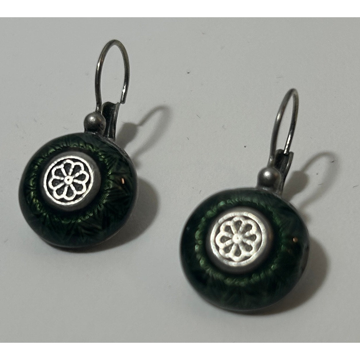 Green Enamel Floral Earrings by Laredo Silver Tone Drop Hook 1.25"