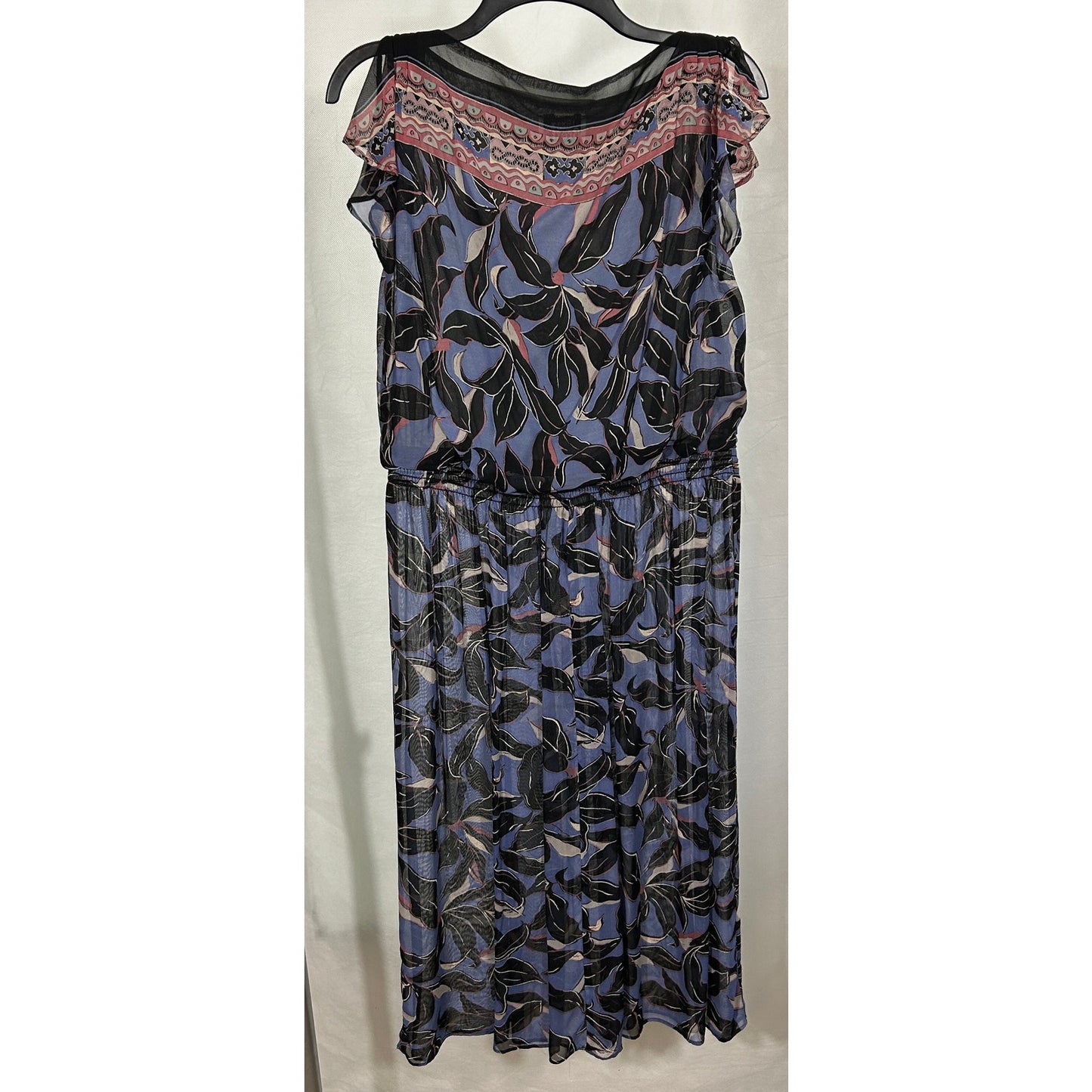 Sue Brett Vintage Sheer Midi Dress Black Leaf Print Boho Flutter Sleeve M