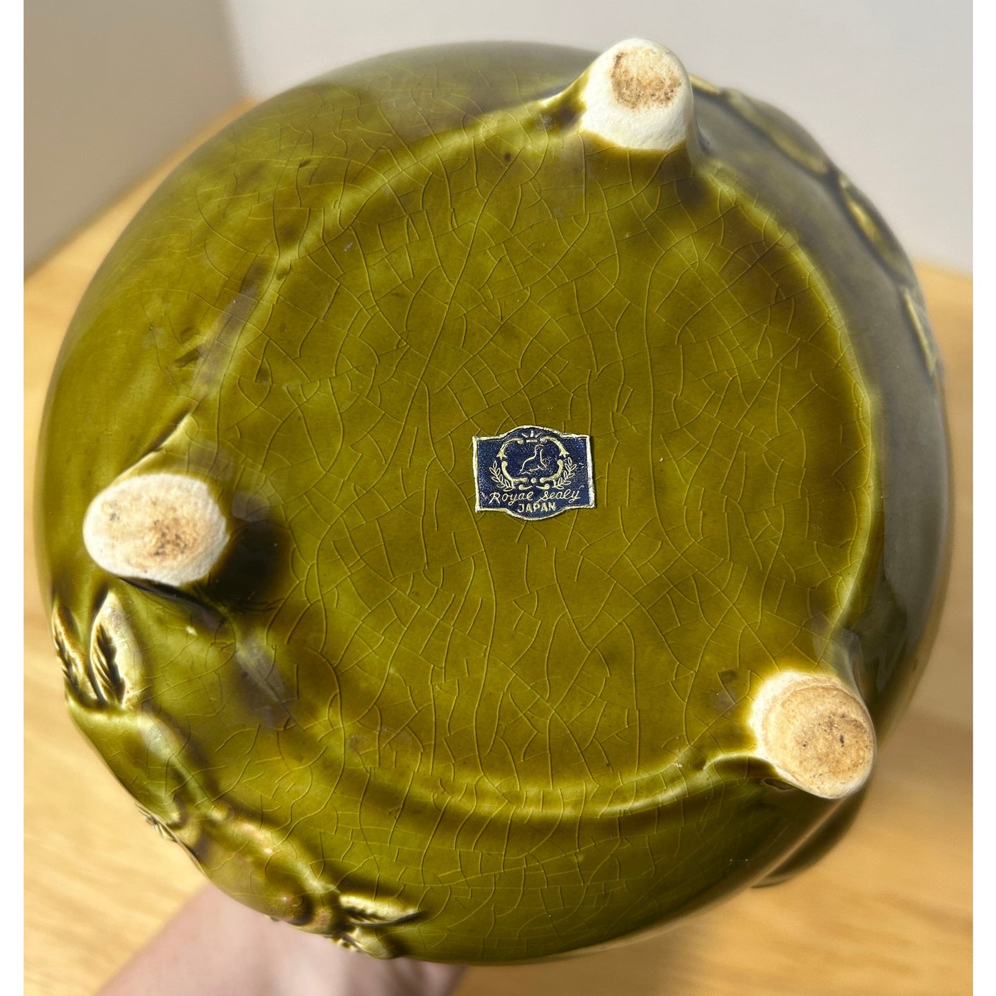 Vintage Royal Sealy Japan Green Ceramic Teapot with Fruit Motif 6.5" Tall