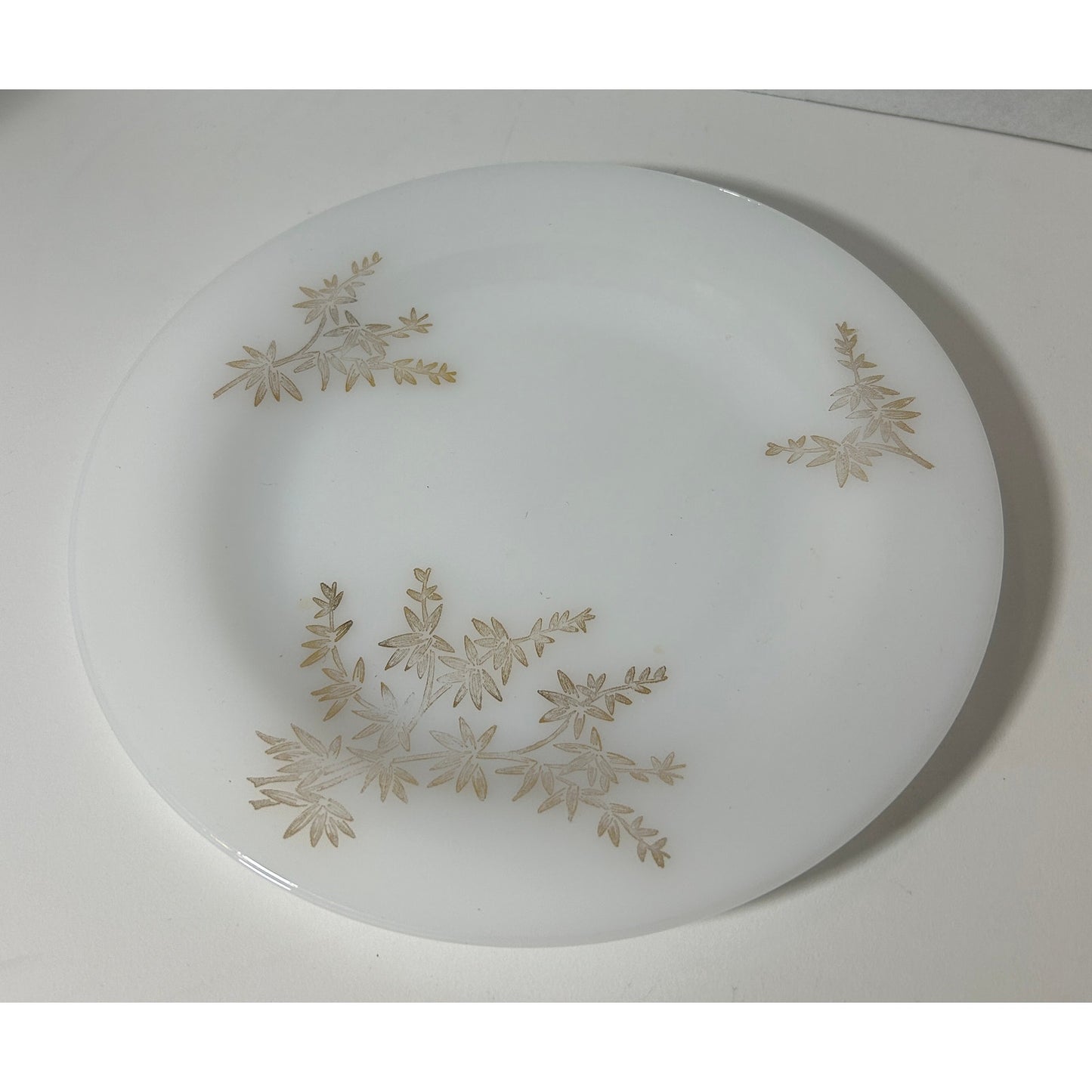 Vintage 9″ Federal Glass Milk Glass Plate with Gold Leaf Botanical Accent
