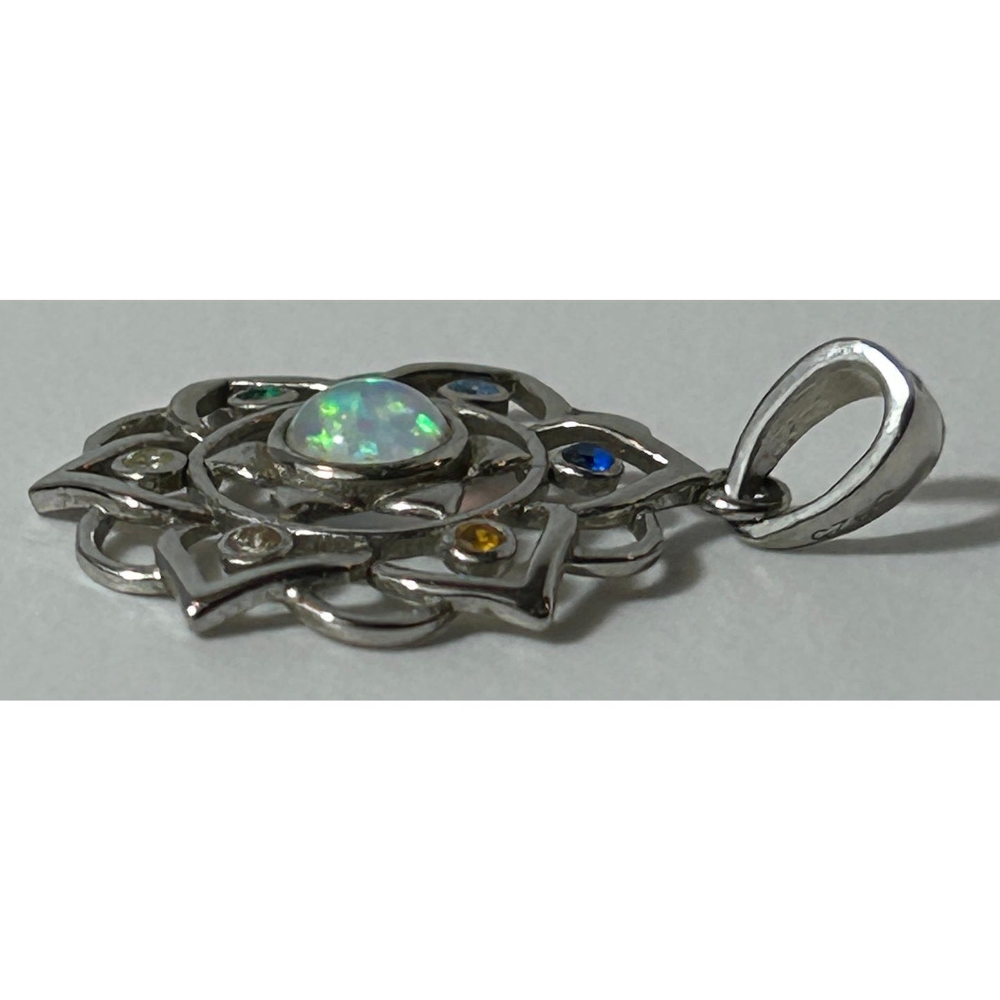 Sterling Silver Lotus Mandala Pendant with Opal & Multi-Gem Accents 1"