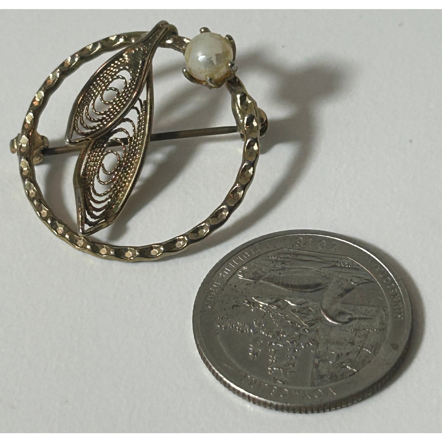 Vintage Gold Tone Filigree Circle Brooch with Faux Pearl Accent