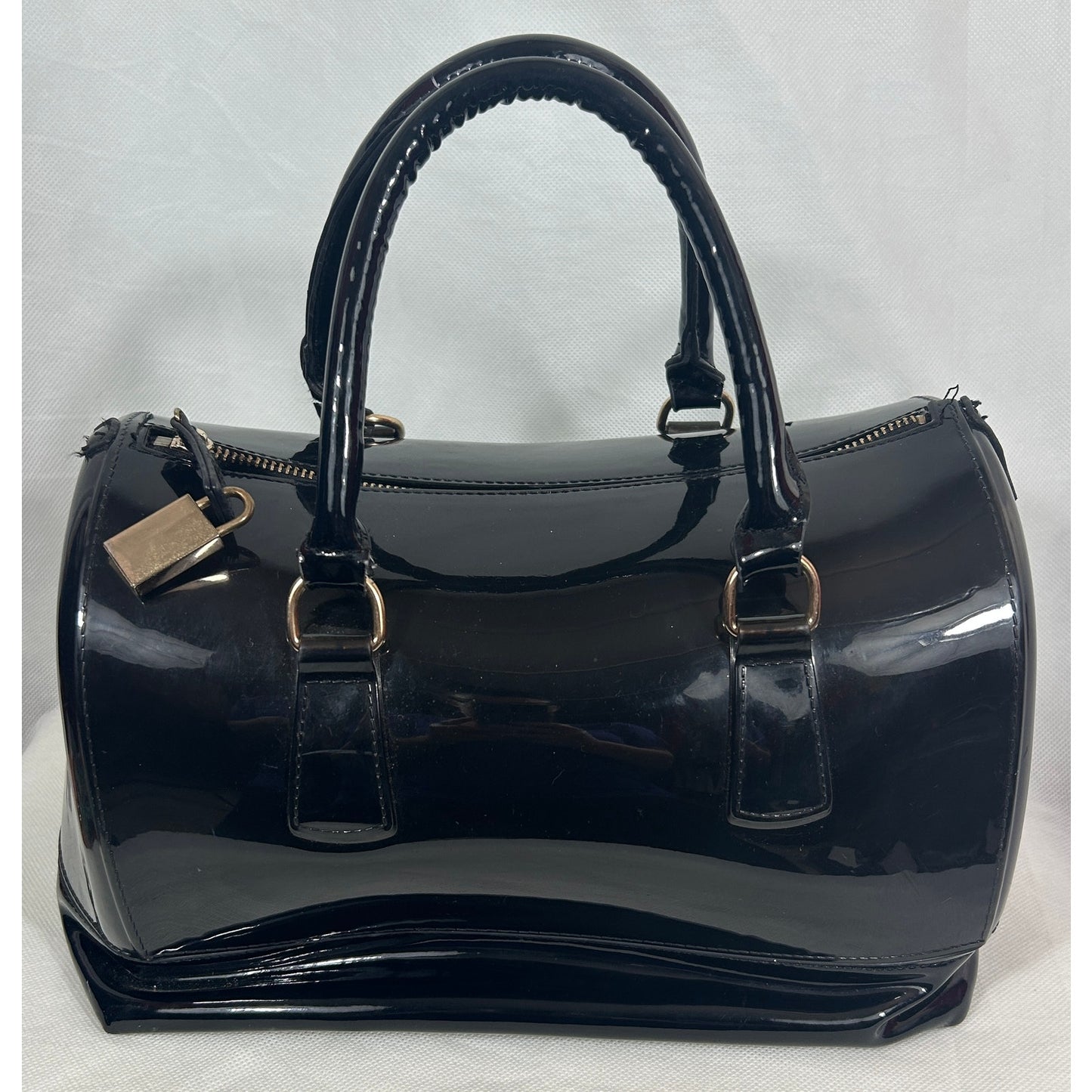 Black Patent Studded Barrel Satchel Bag with Top Handles 12″ x 9″