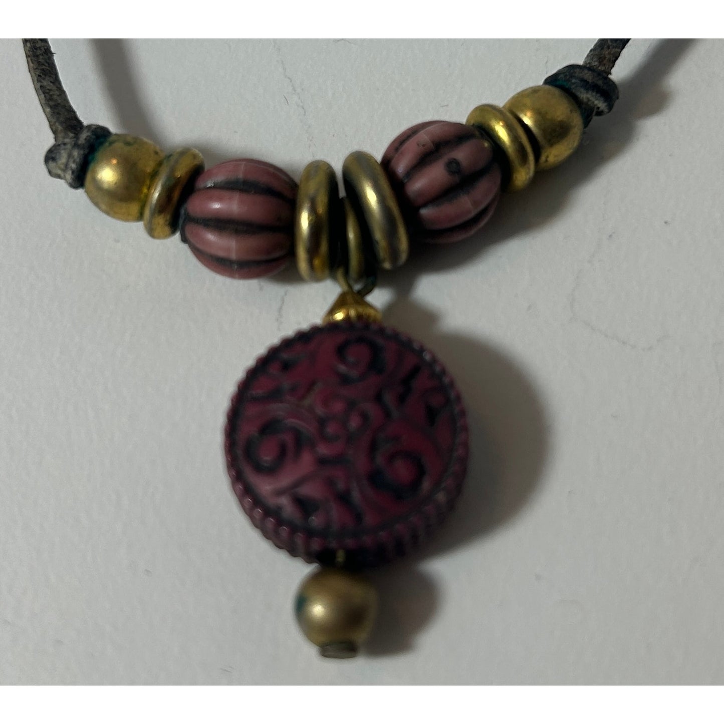 Boho Leather Cord Necklace w/ Brass & Carved Resin Beads 16"