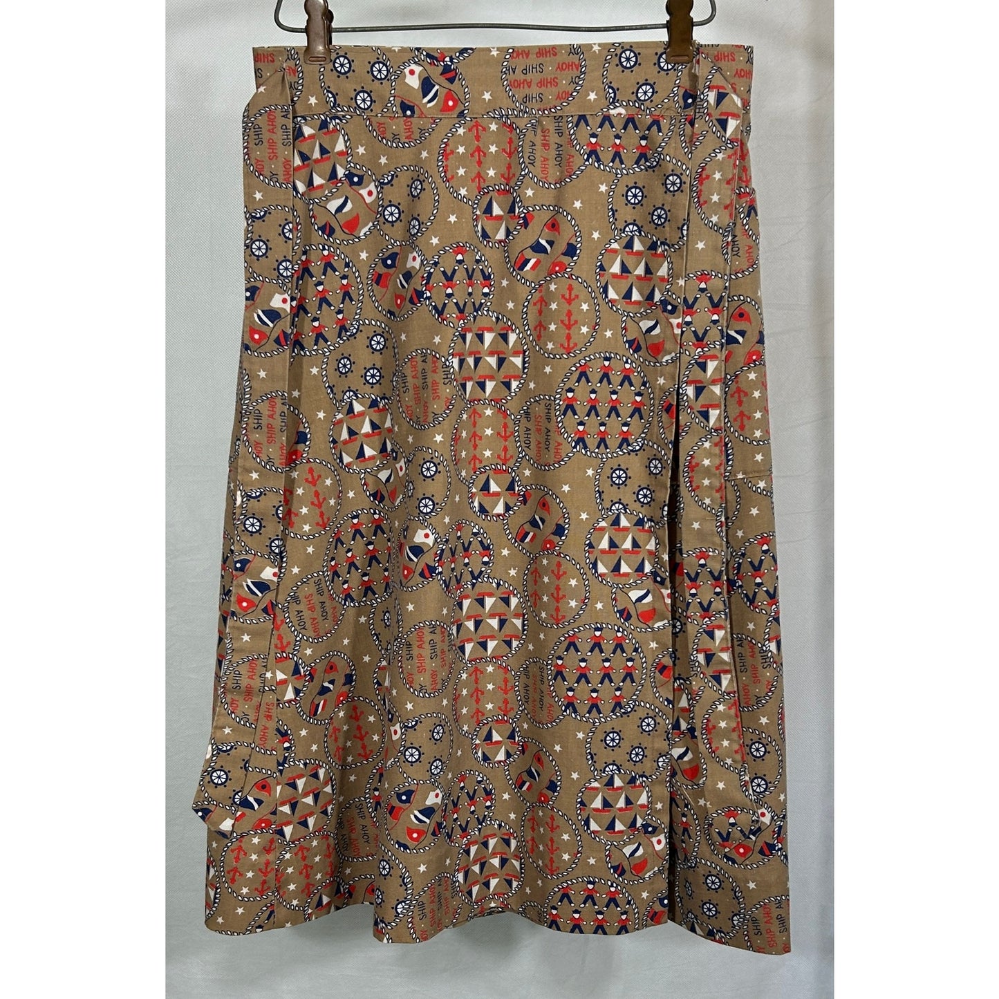 Vintage Nautical Print Wrap Skirt Tan Red White Blue | Size S | 27" Length