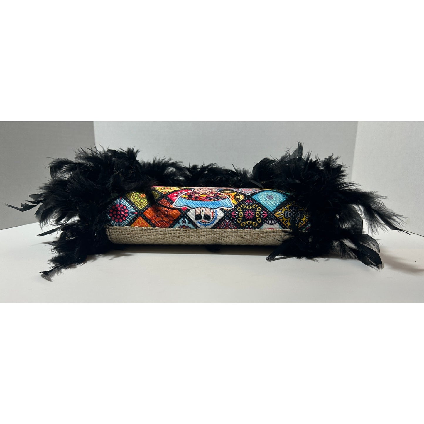 Colorful Frida Kahlo Feathered Purse with Black Boa Trim 7"x10"