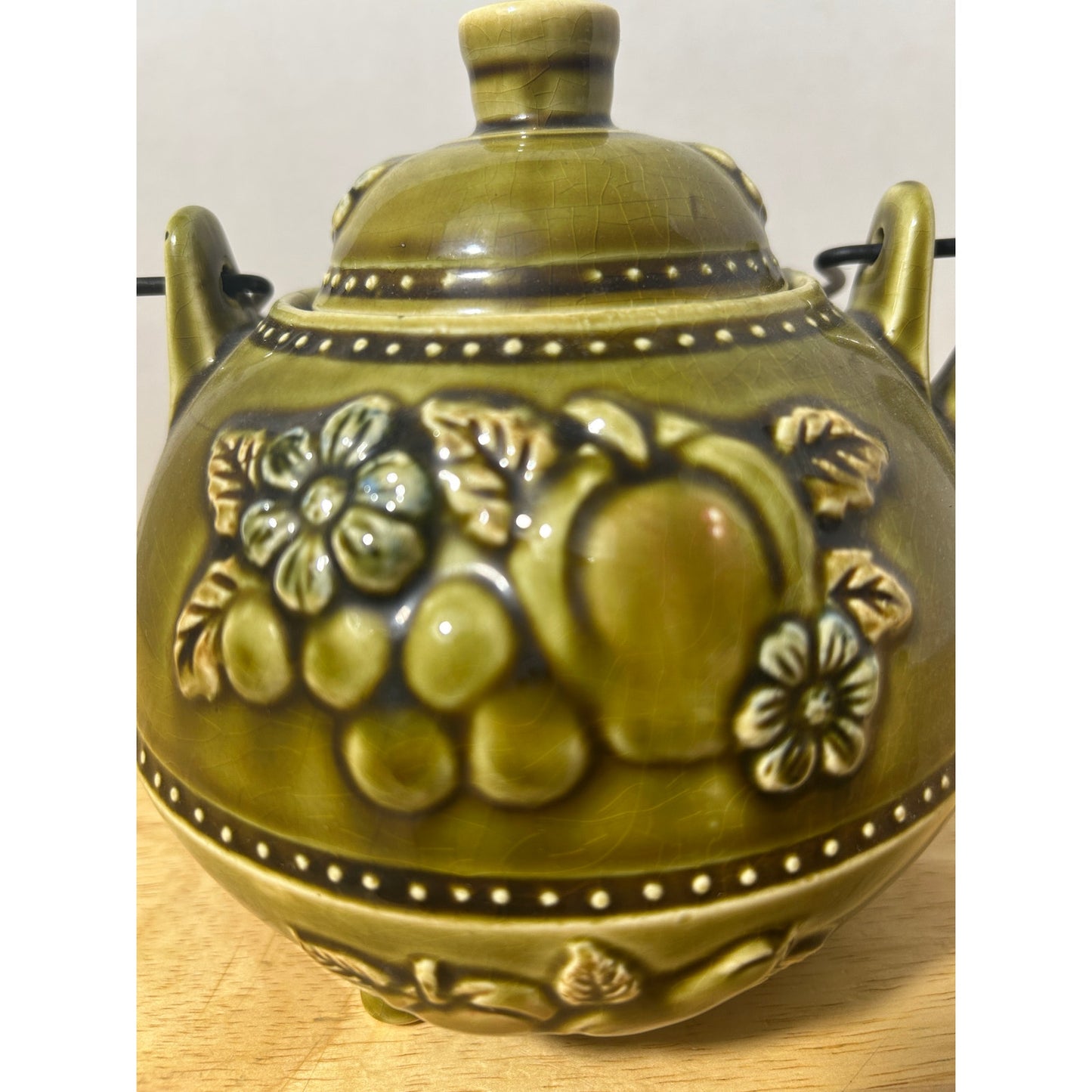 Vintage Royal Sealy Japan Green Ceramic Teapot with Fruit Motif 6.5" Tall