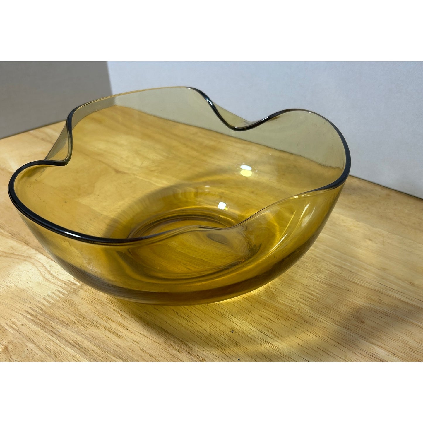 Anchor Hocking Amber Glass Chip Bowl 9" Wavy Edge Mid-Century Modern
