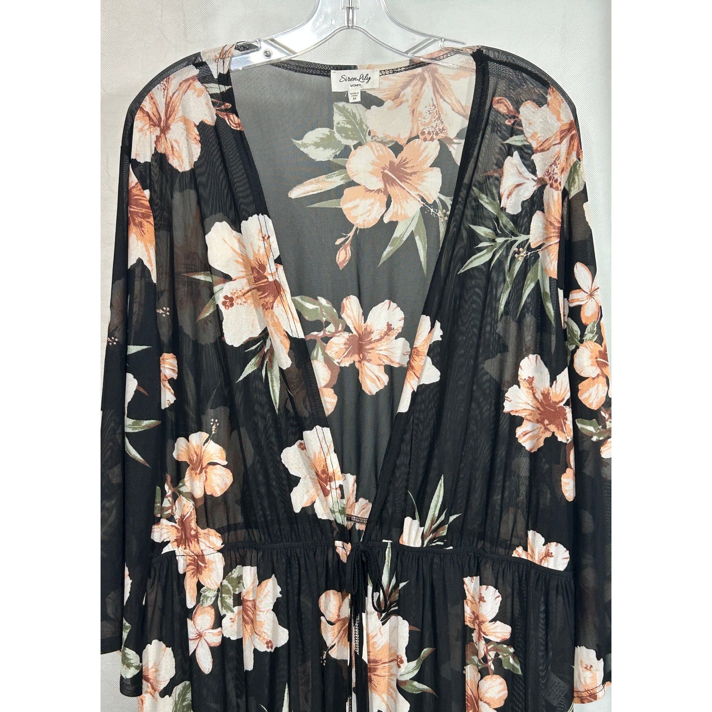 Siren Lily Sheer Floral Kimono Dress Cover-Up Black Pink Hibiscus 3X