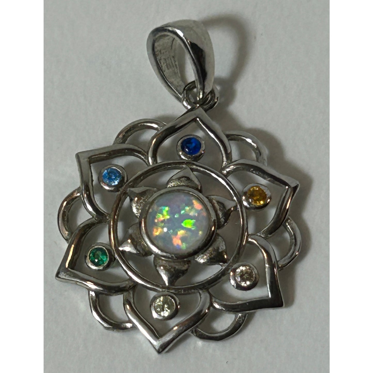 Sterling Silver Lotus Mandala Pendant with Opal & Multi-Gem Accents 1"