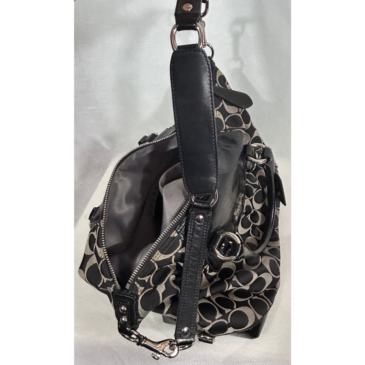 Coach Signature Canvas & Leather Satchel Bag Black Silver Hardware 15″ x 8″