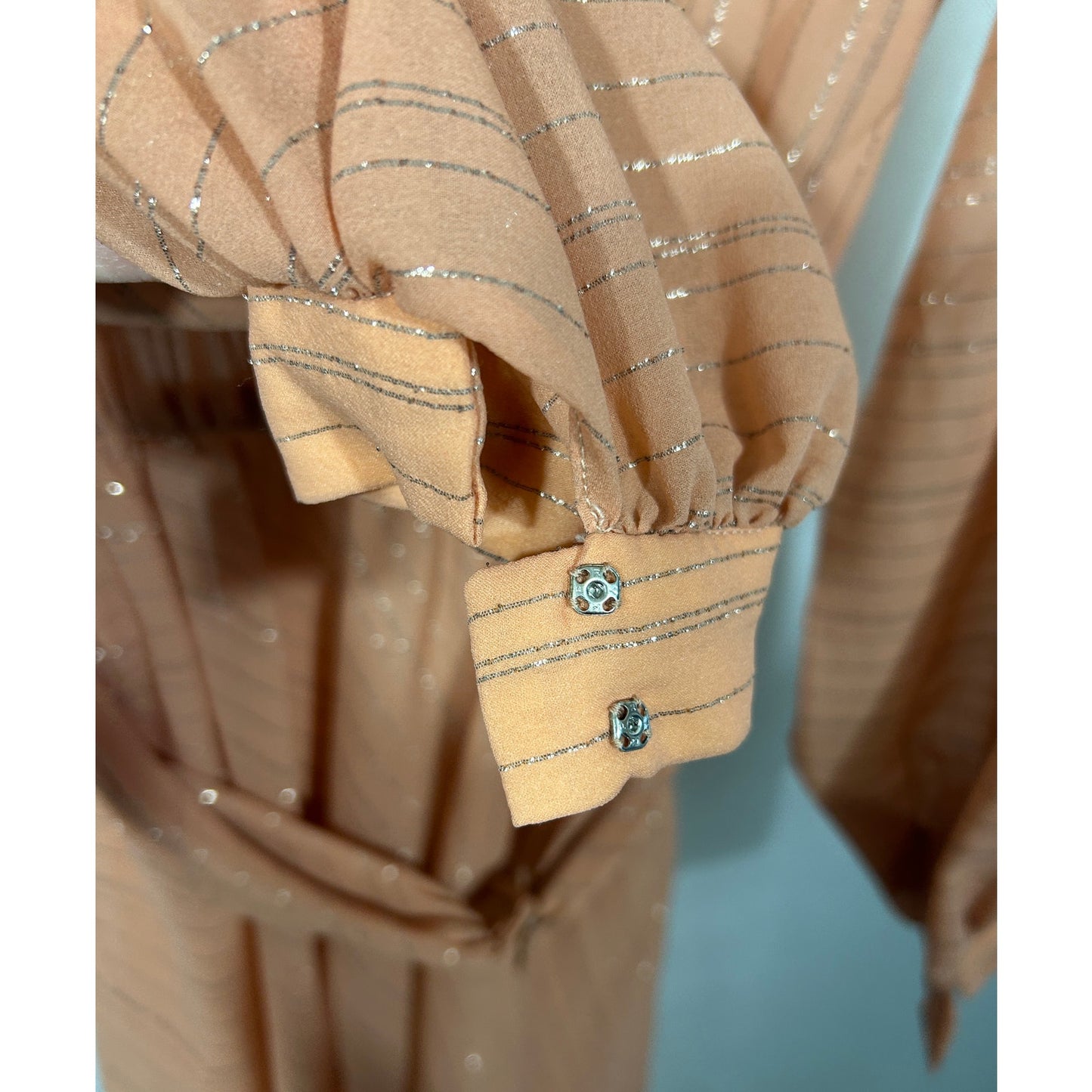 Vintage Oggee by Rizkallah Peach Glitter Sheer Belted Dress Sz S 41” Length