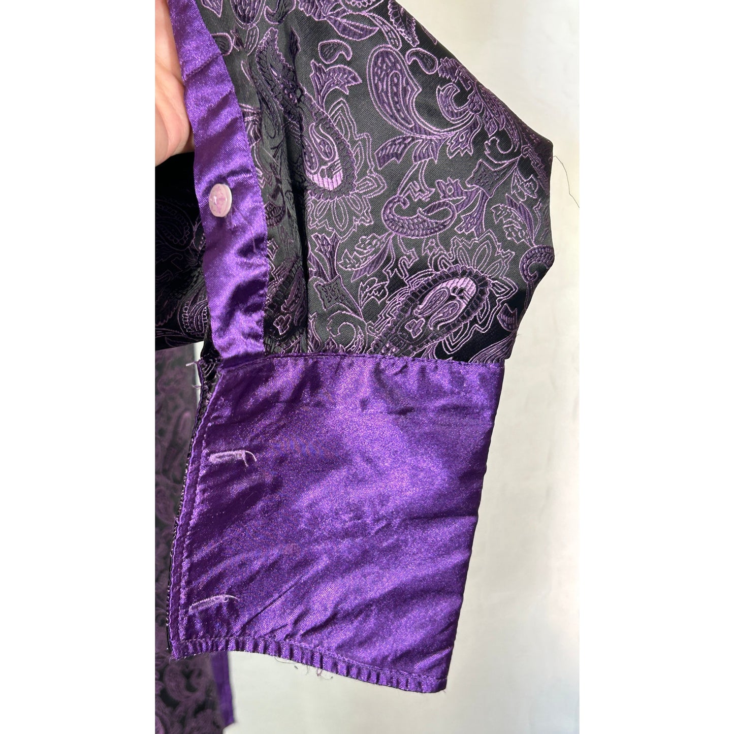 Stacy Adams XL Black Purple Paisley Dress Shirt Satin Cuffs 34/35 Sleeve