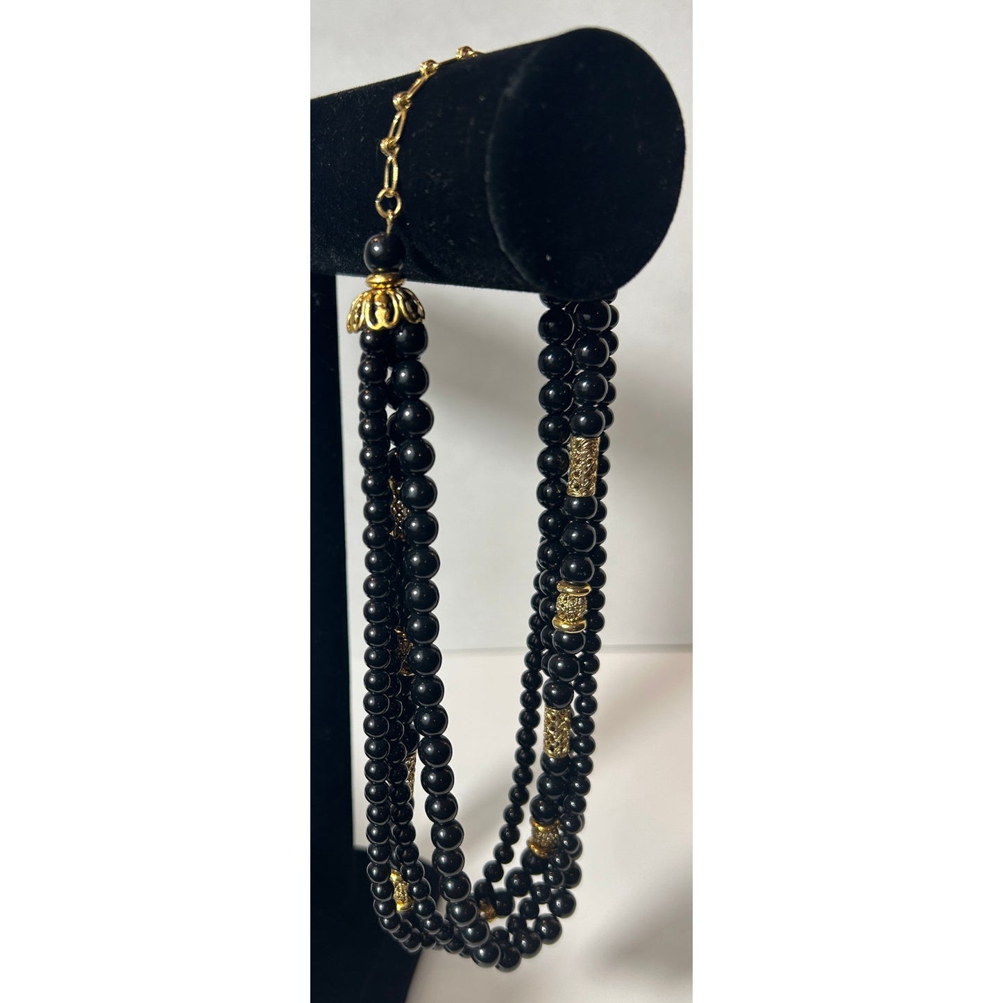 Vintage Multi-Strand Black Beaded Necklace with Gold Filigree Accents 19"
