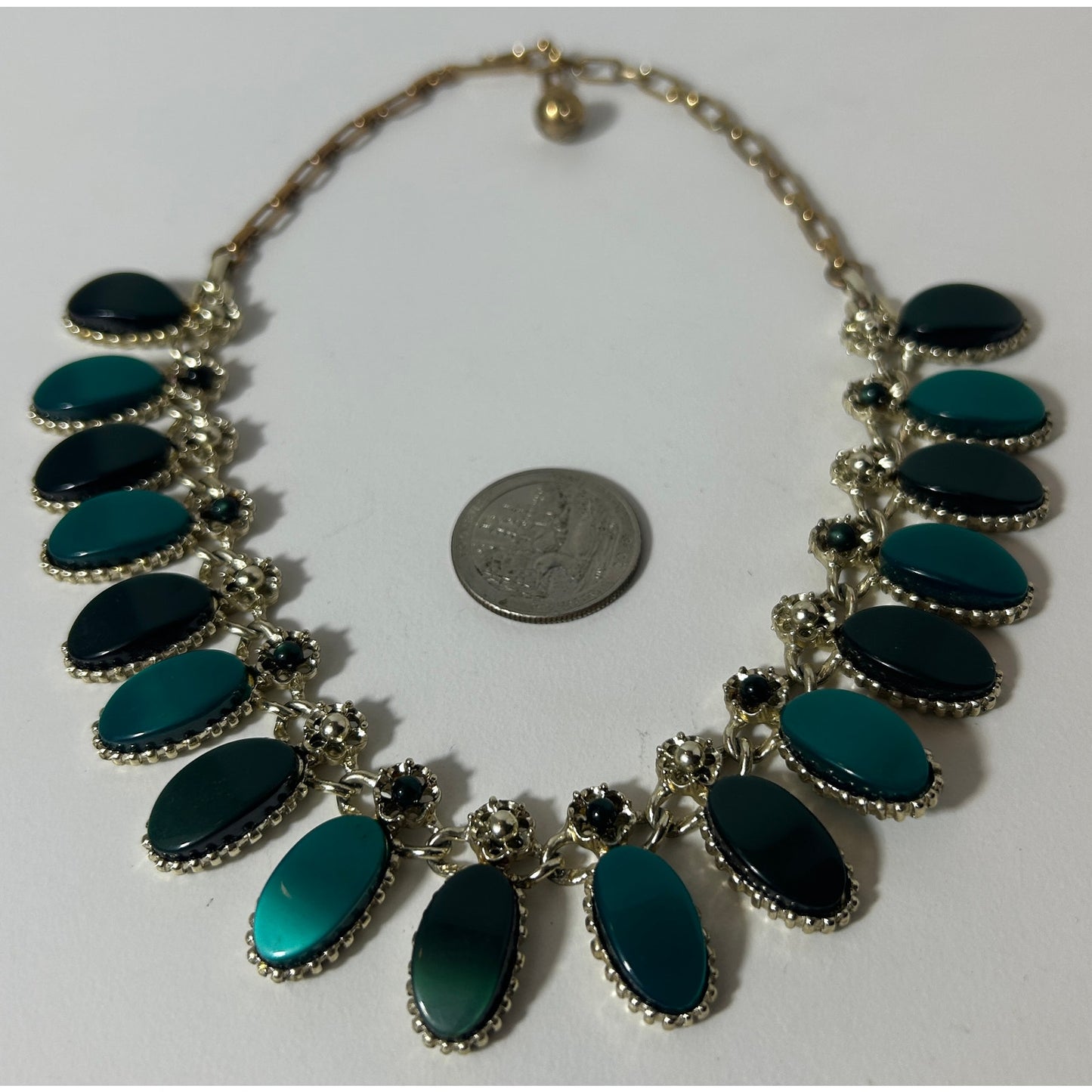 Vintage Teal Cabochon & Gold Floral Statement Necklace 16" Adjustable