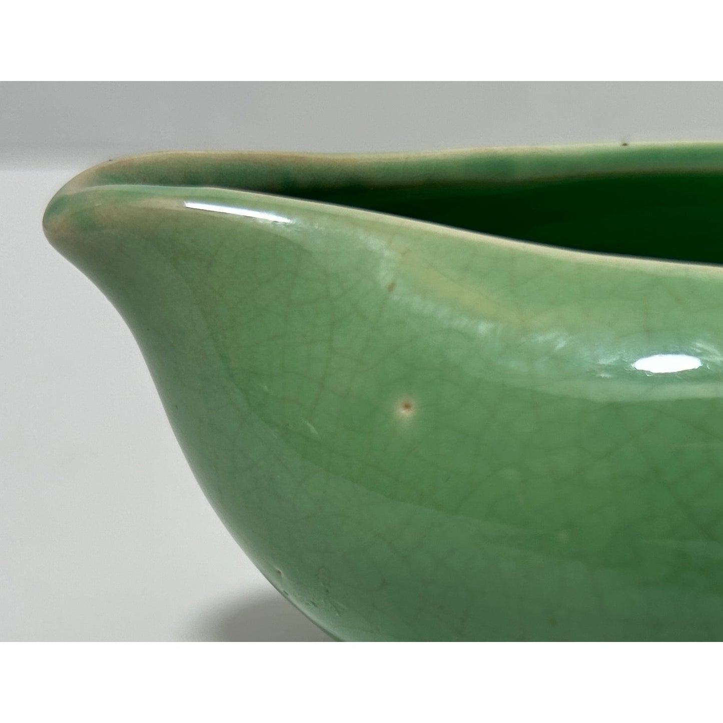 Vintage Green Crackle Glaze Pottery Gravy Boat with Swirl Handle