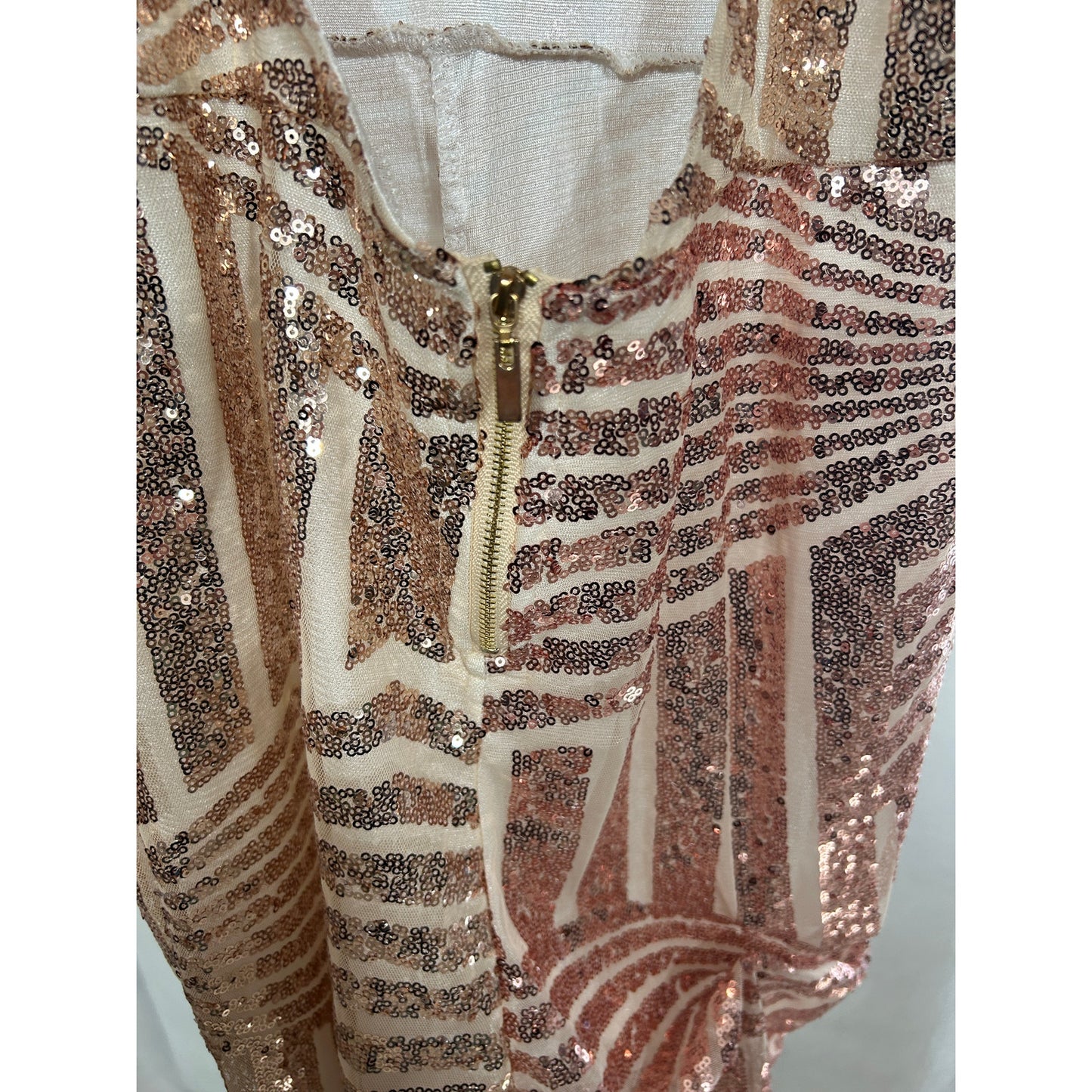 Rose Gold Sequin Jumpsuit XL Handmade Backless Evening Romper 53" Long