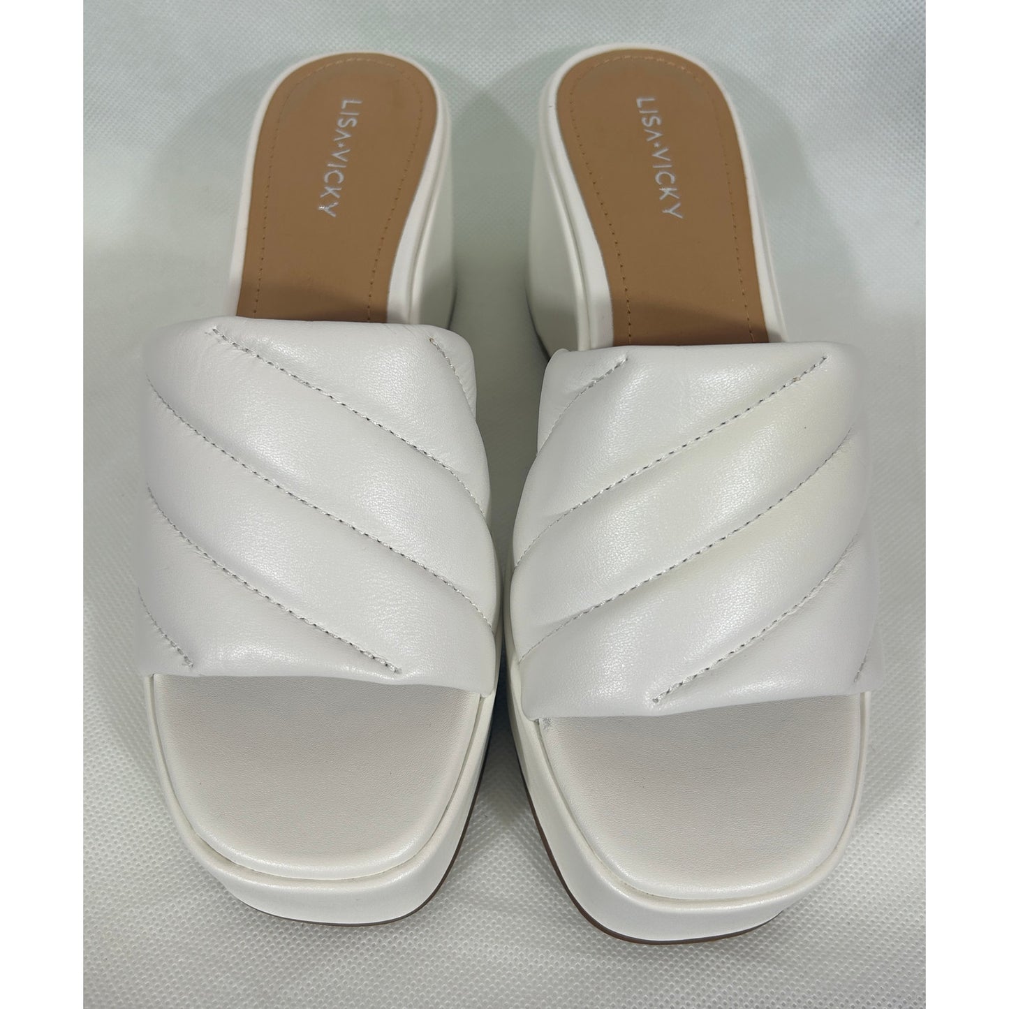 Lisa • Vicky White Platform Mules 9.5 M – Quilted Slide Heel; New in Box