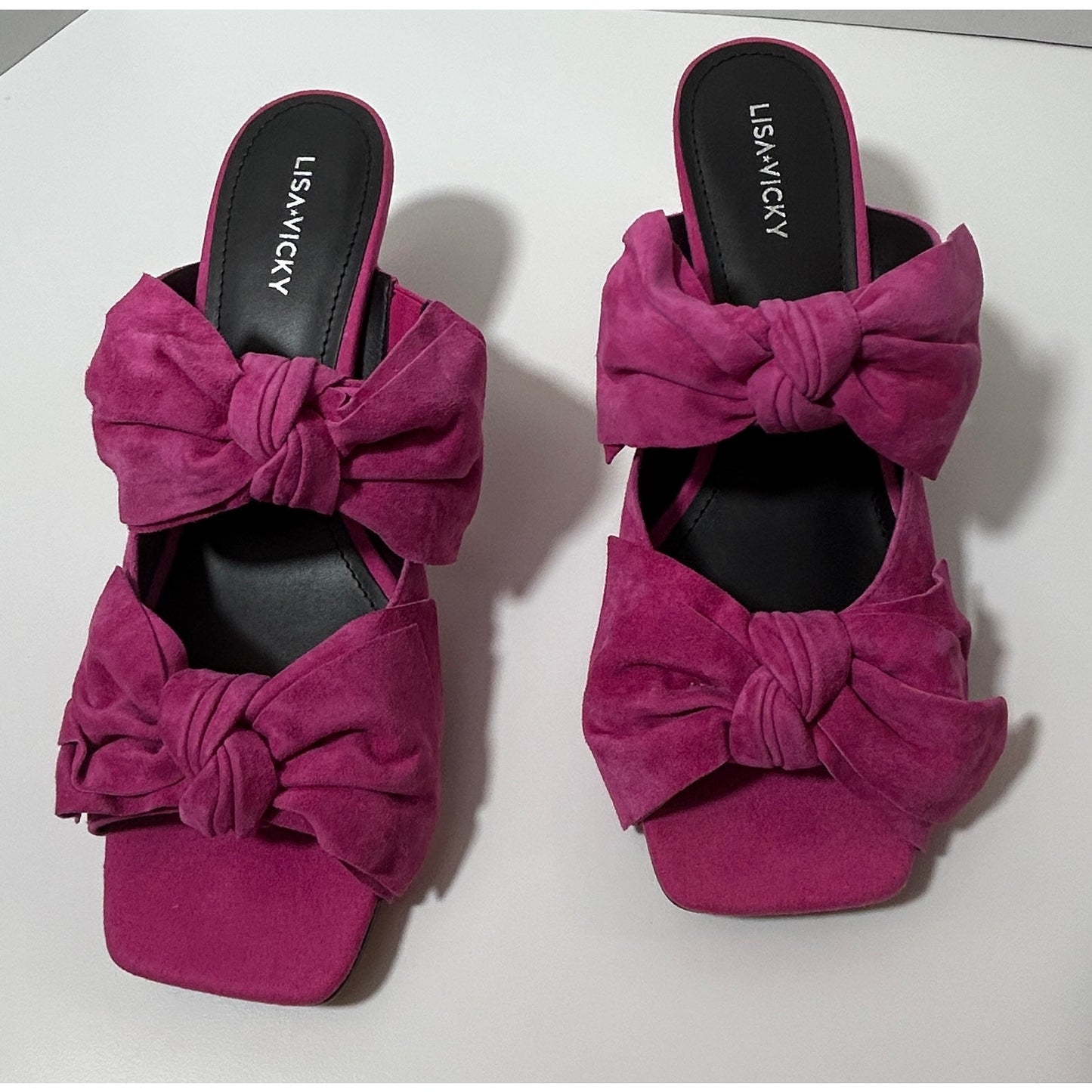 Lisa Vicky Fuchsia Suede Mule Heels w/ Double Bow Accent Size 9.5M NIB