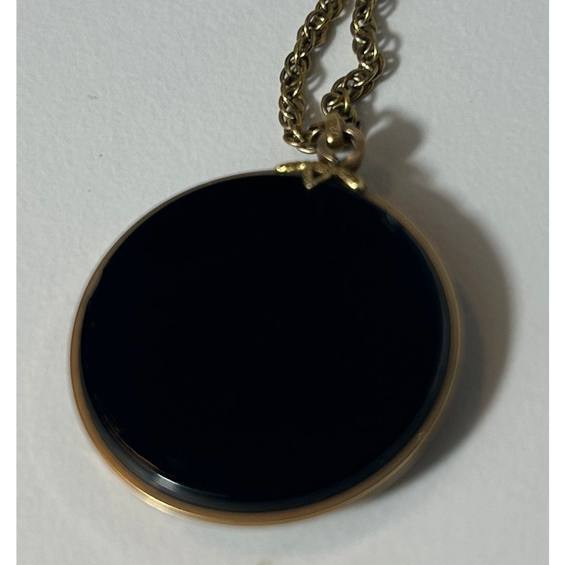 Vintage Black Enamel Starburst Pendant Necklace 24" Gold Tone Chain