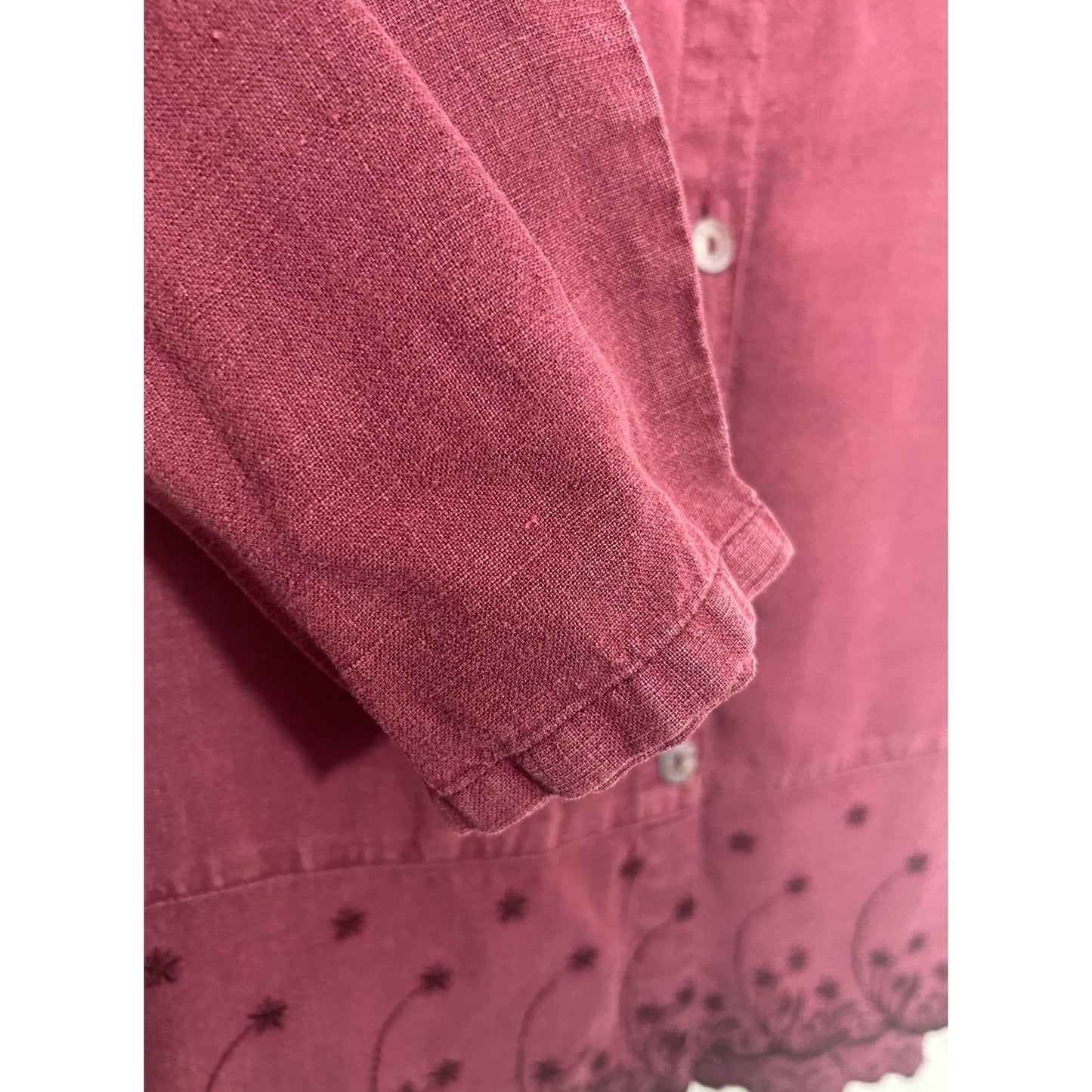 TSD 100% Hemp Button Front Blouse Burgundy Embroidered Hem Women’s M USA Made