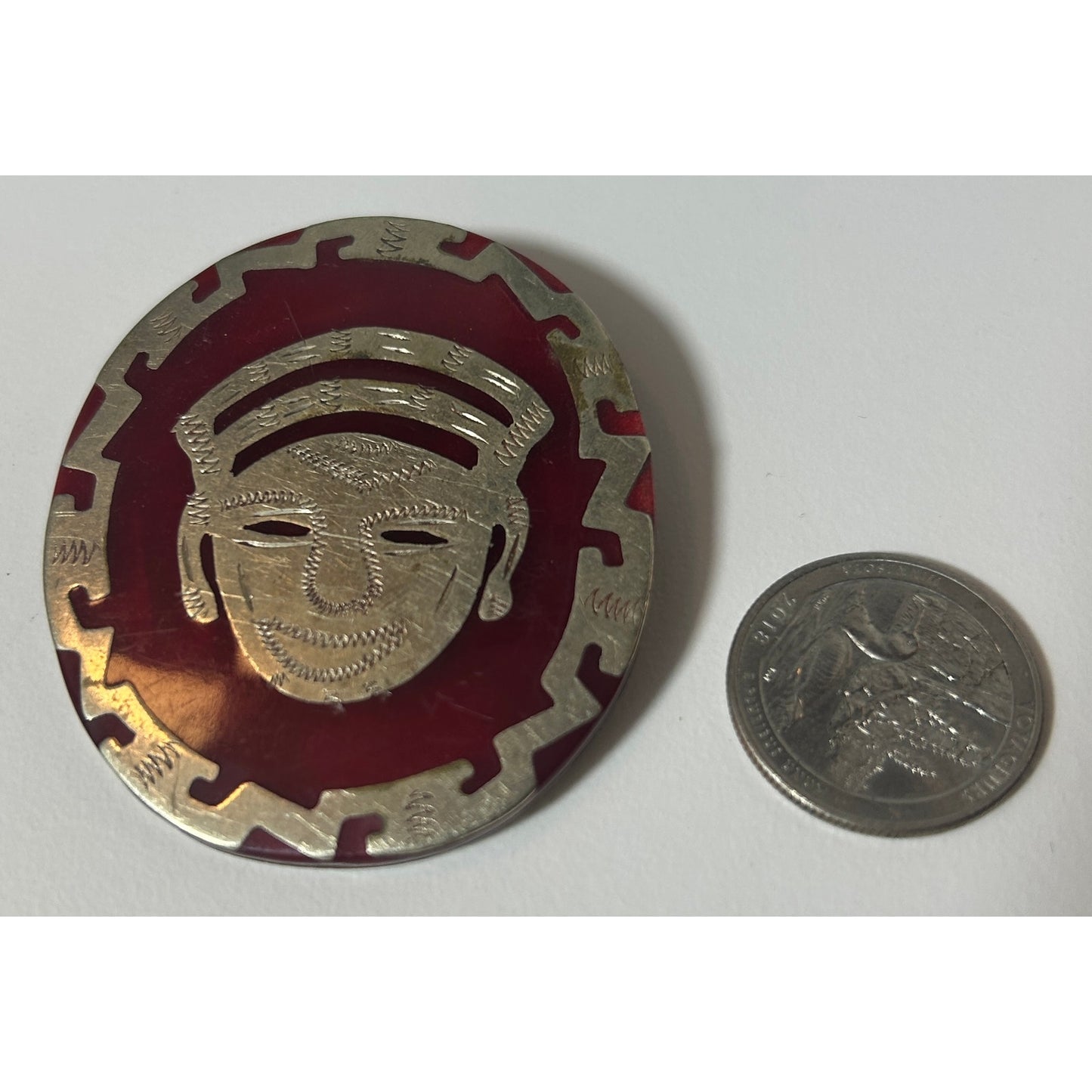 Vintage Mexican Sterling Silver & Red Enamel Face Mask Brooch Pin 2.25"
