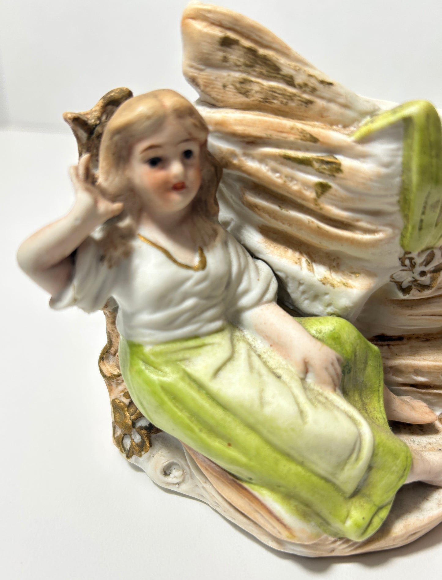 Antique Bisque Porcelain Spill Vase - Seated Girl with Green Dress