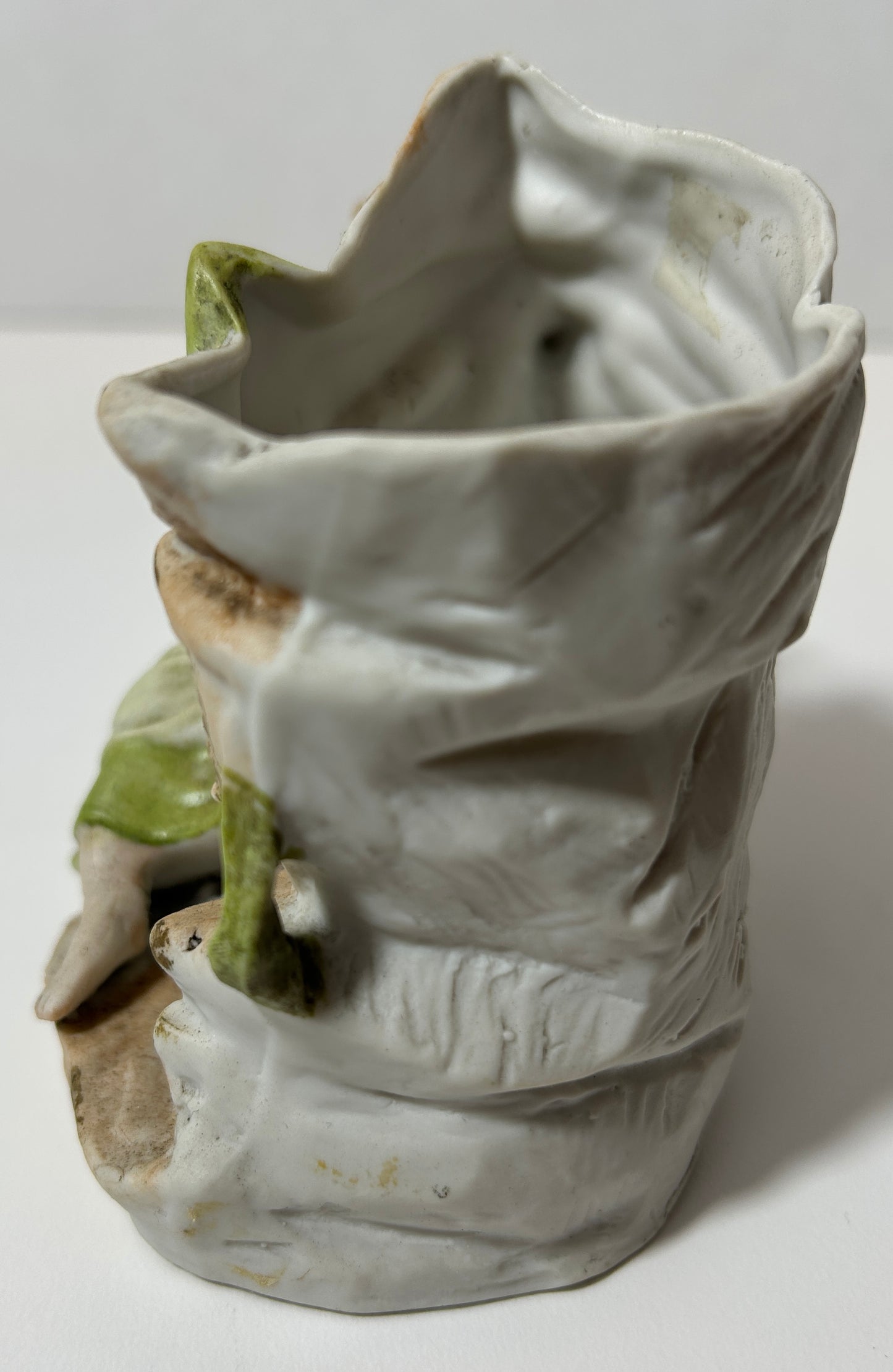 Antique Bisque Porcelain Spill Vase - Seated Girl with Green Dress
