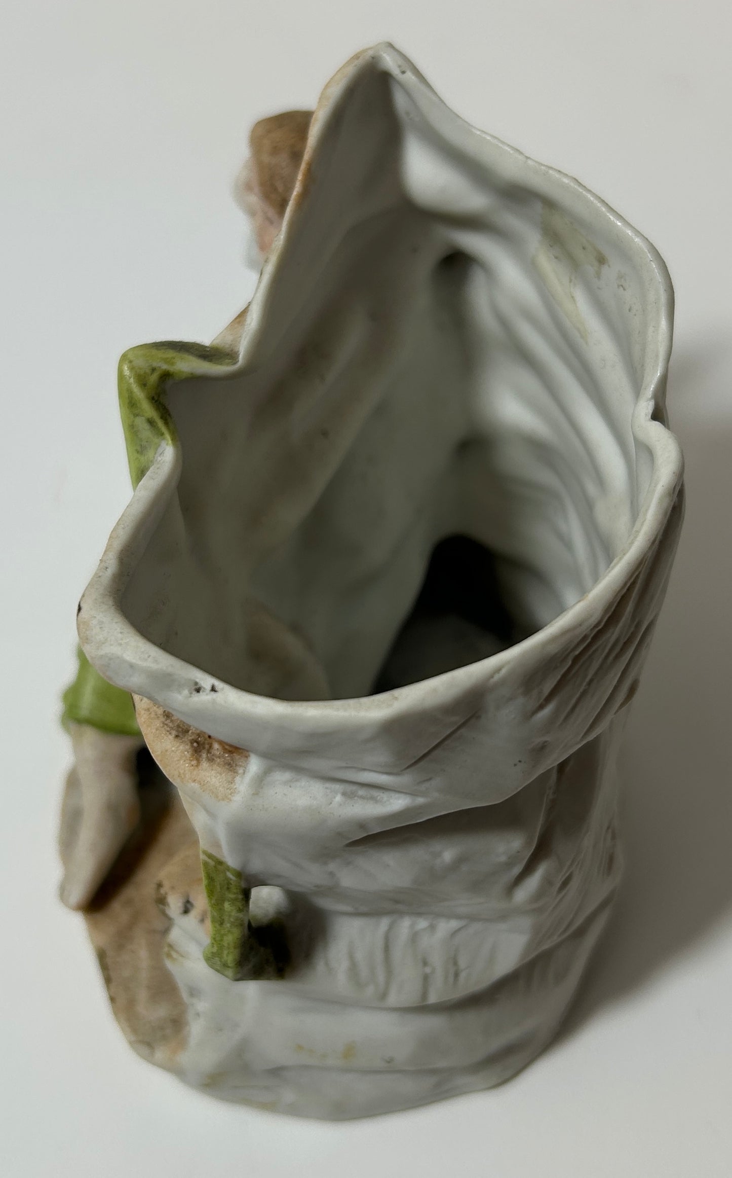 Antique Bisque Porcelain Spill Vase - Seated Girl with Green Dress
