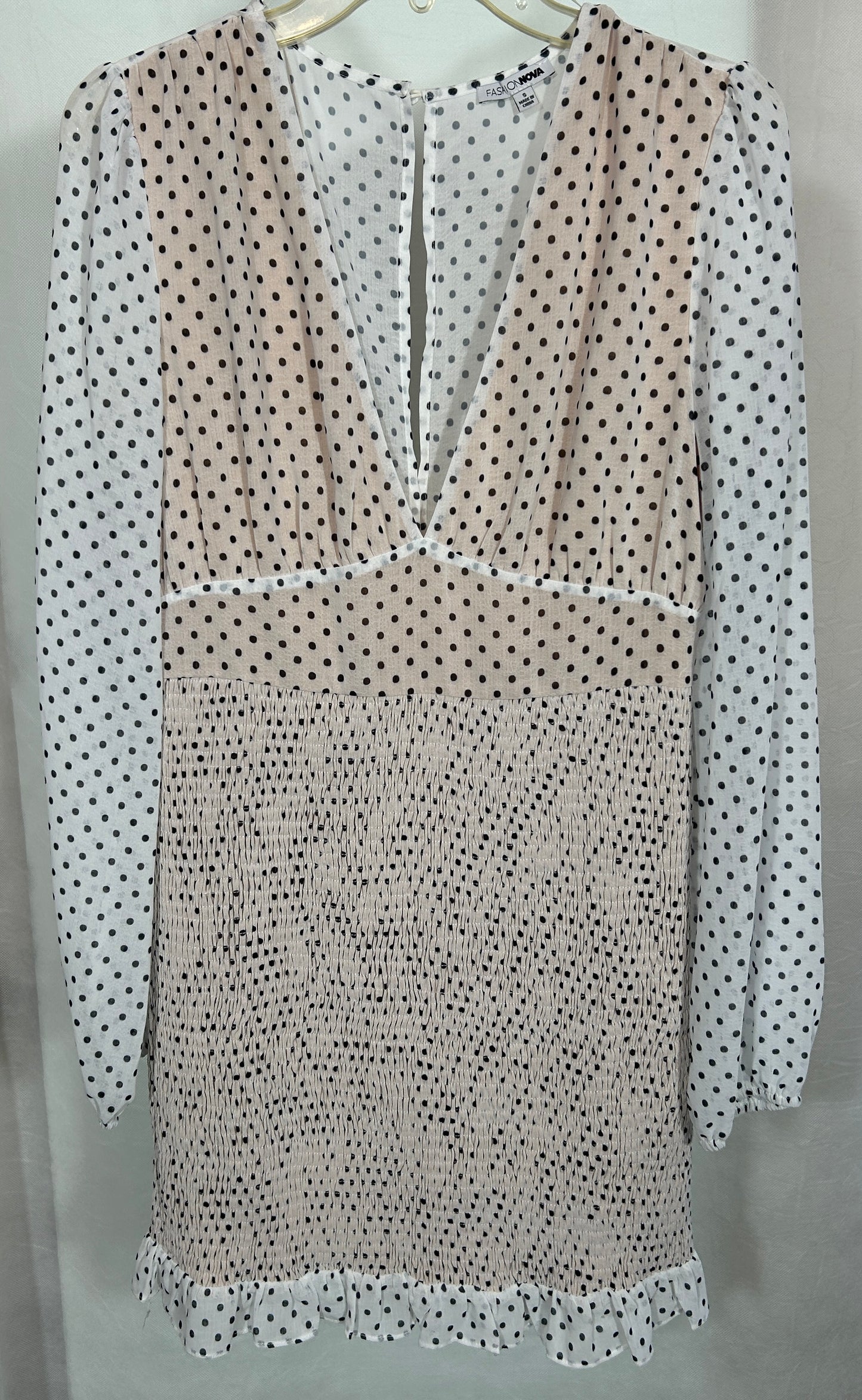 Fashion Nova Polka Dot Smocked Mini Dress – Long Sleeve, Deep V-Neck, Size Small