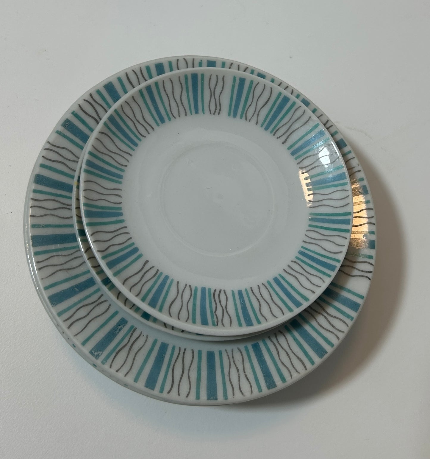 Vintage Mid-Century Modern Atomic Starburst Plates – Set of 6 | Turquoise & Dark Gray Abstract Pattern | Japan